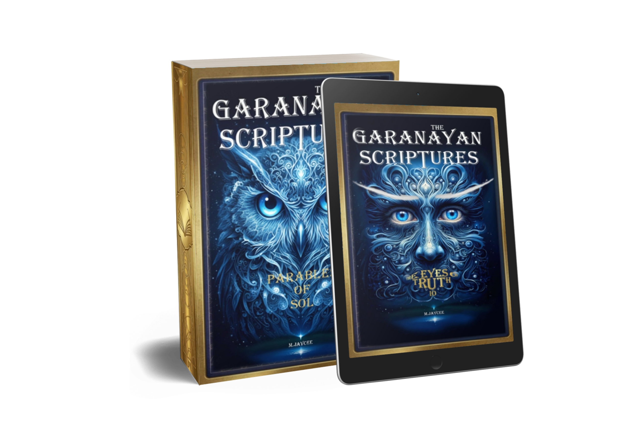 Digital tablet and physical book titled 'The Garanayan Scriptures' by M. Jaycee, featuring cover art of a blue face with intricate designs and glowing eyes.