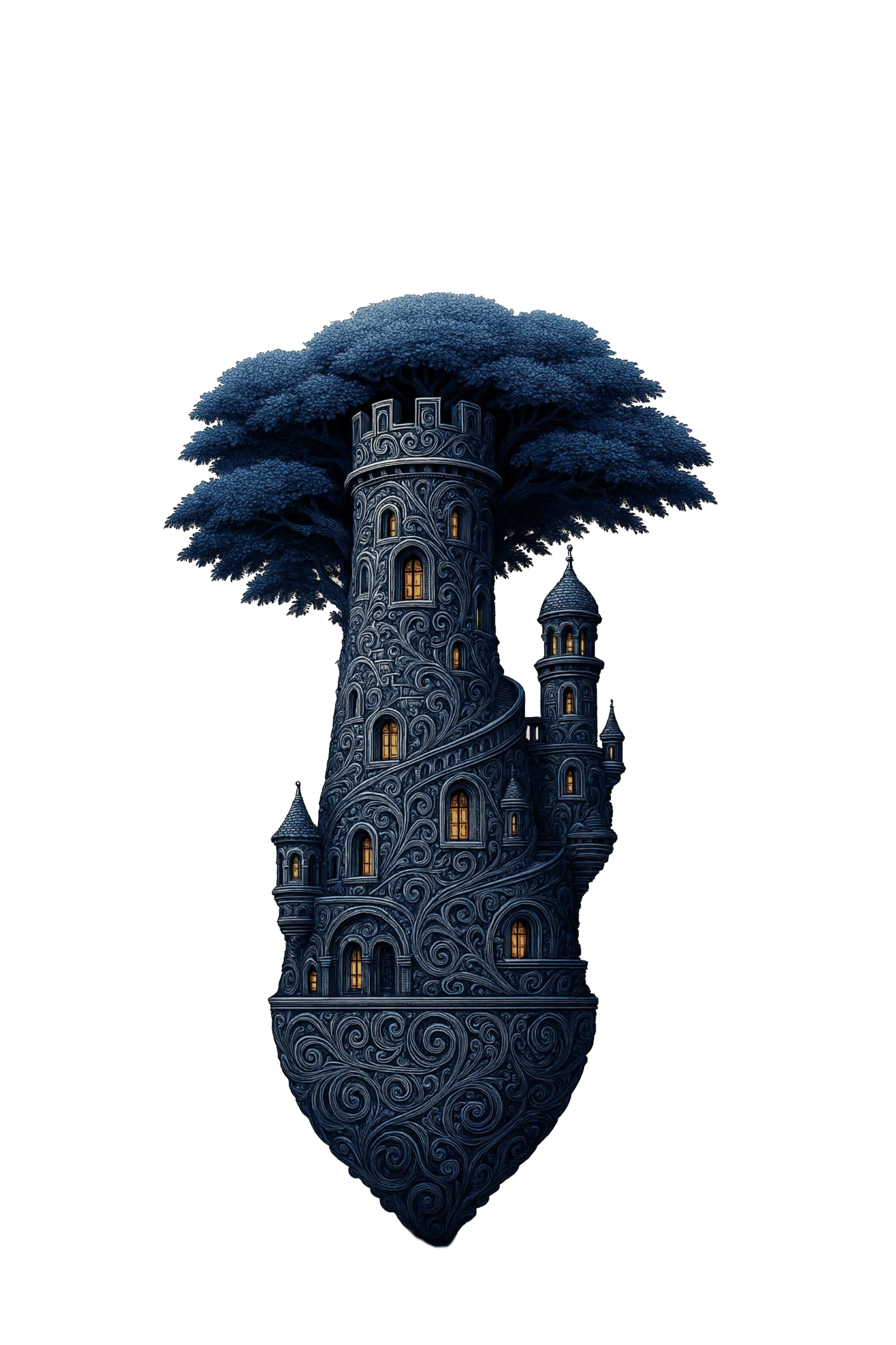 A tall, fantasy-style tower with intricate swirl patterns and multiple lit windows, topped with a large, leafy tree growing from its upper section, against a black background.