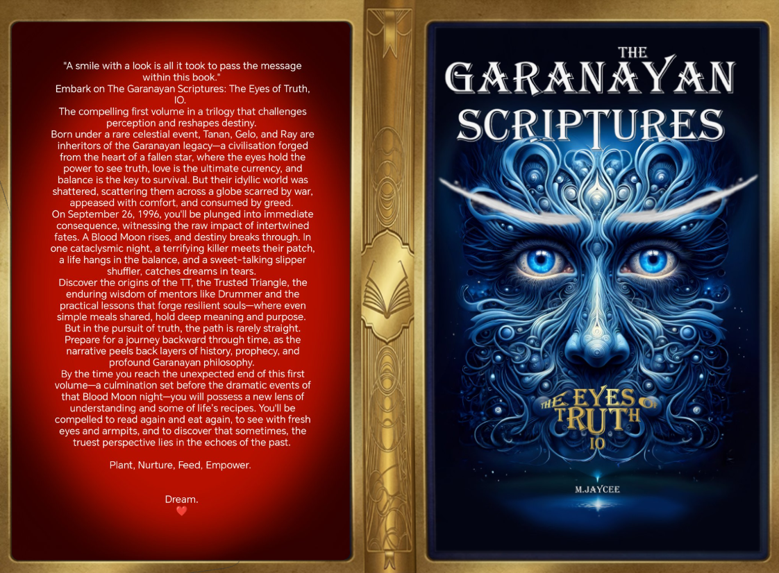 Book cover for 'The Garanayan Scriptures: The Eyes of Truth', featuring a blue owl with intricate feather patterns and piercing eyes, surrounded by swirling blue designs.