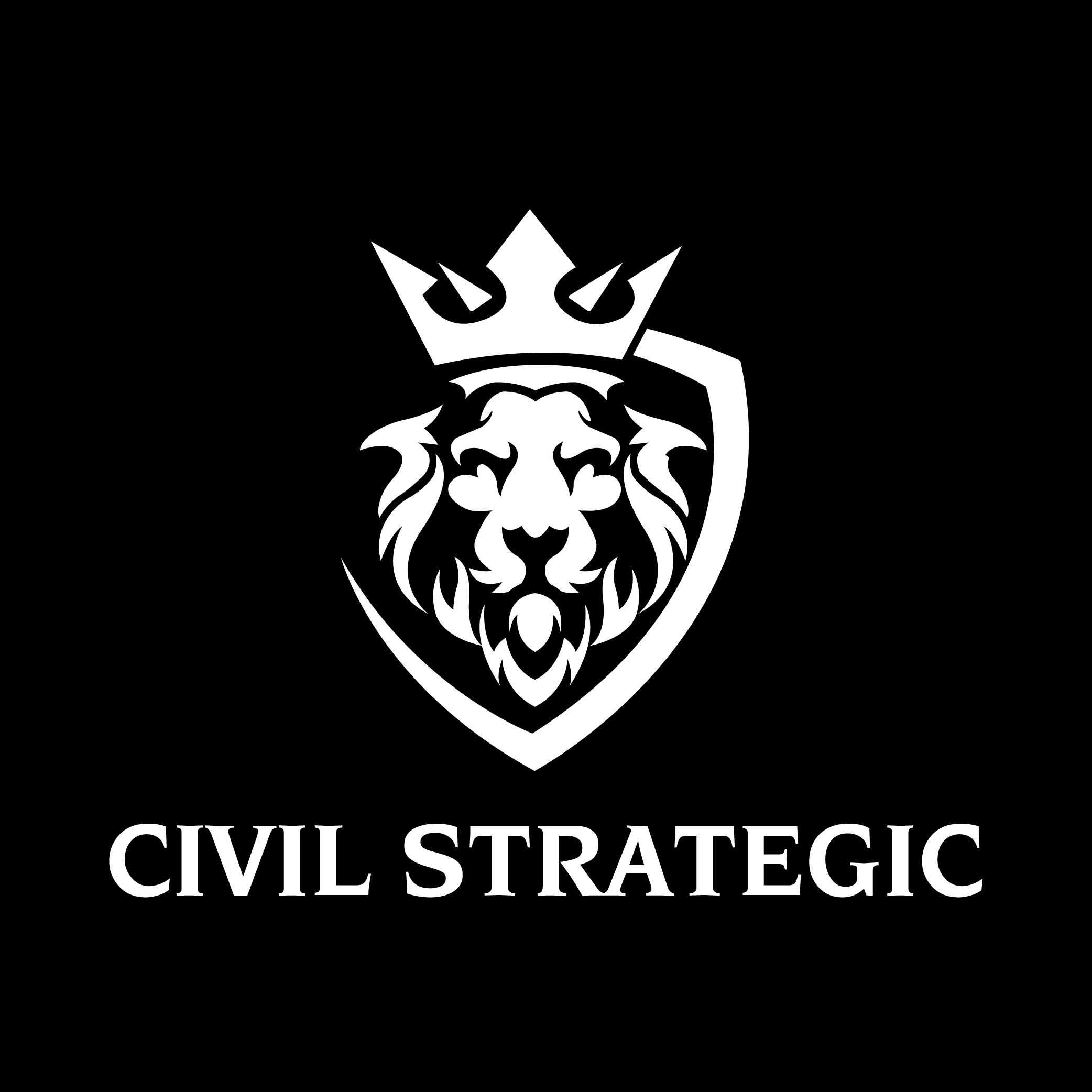Logo of a black shield with a white lion's head with a crown and the text 'CIVIL STRATEGIC' underneath.