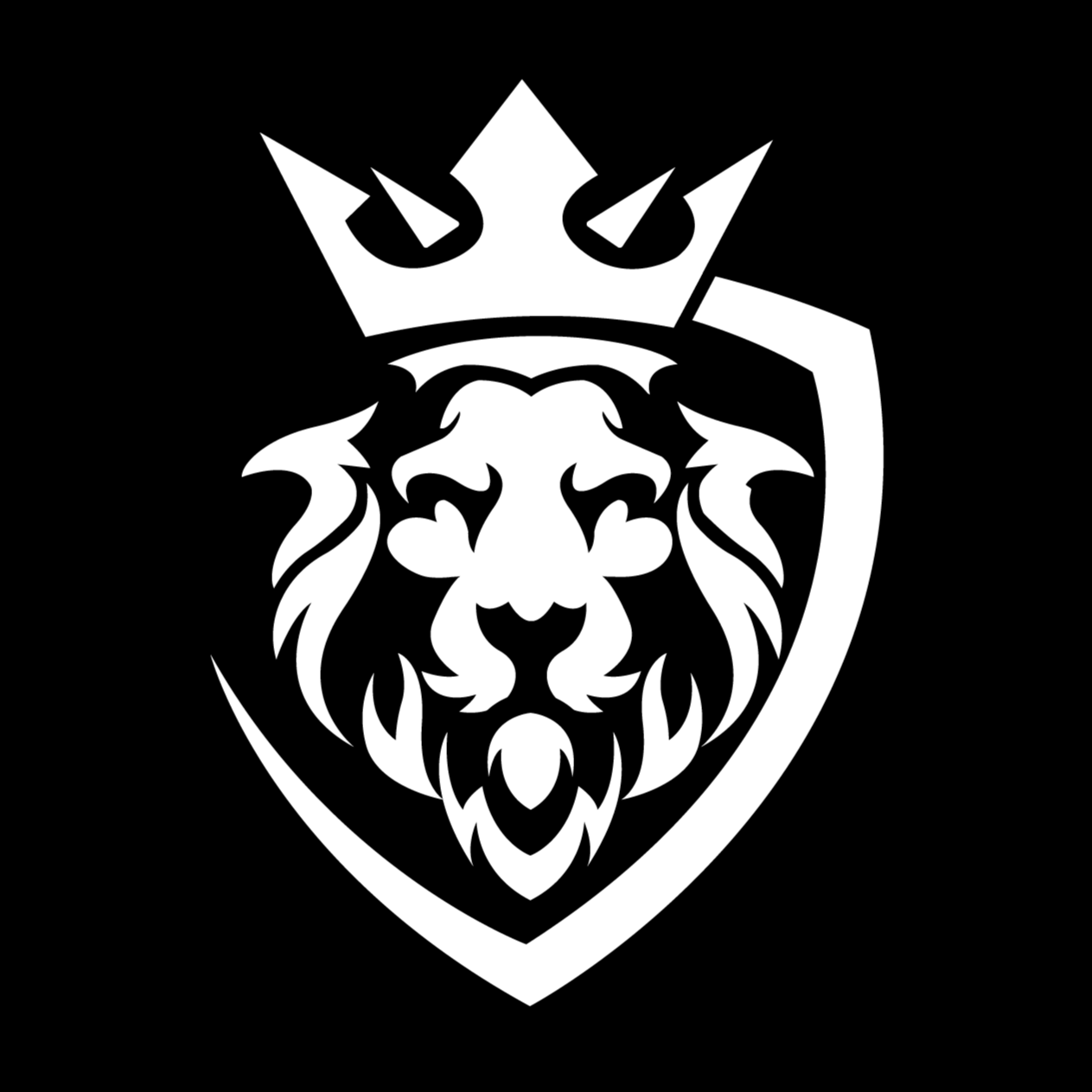 A black and white logo featuring a lion's face wearing a crown and shield.