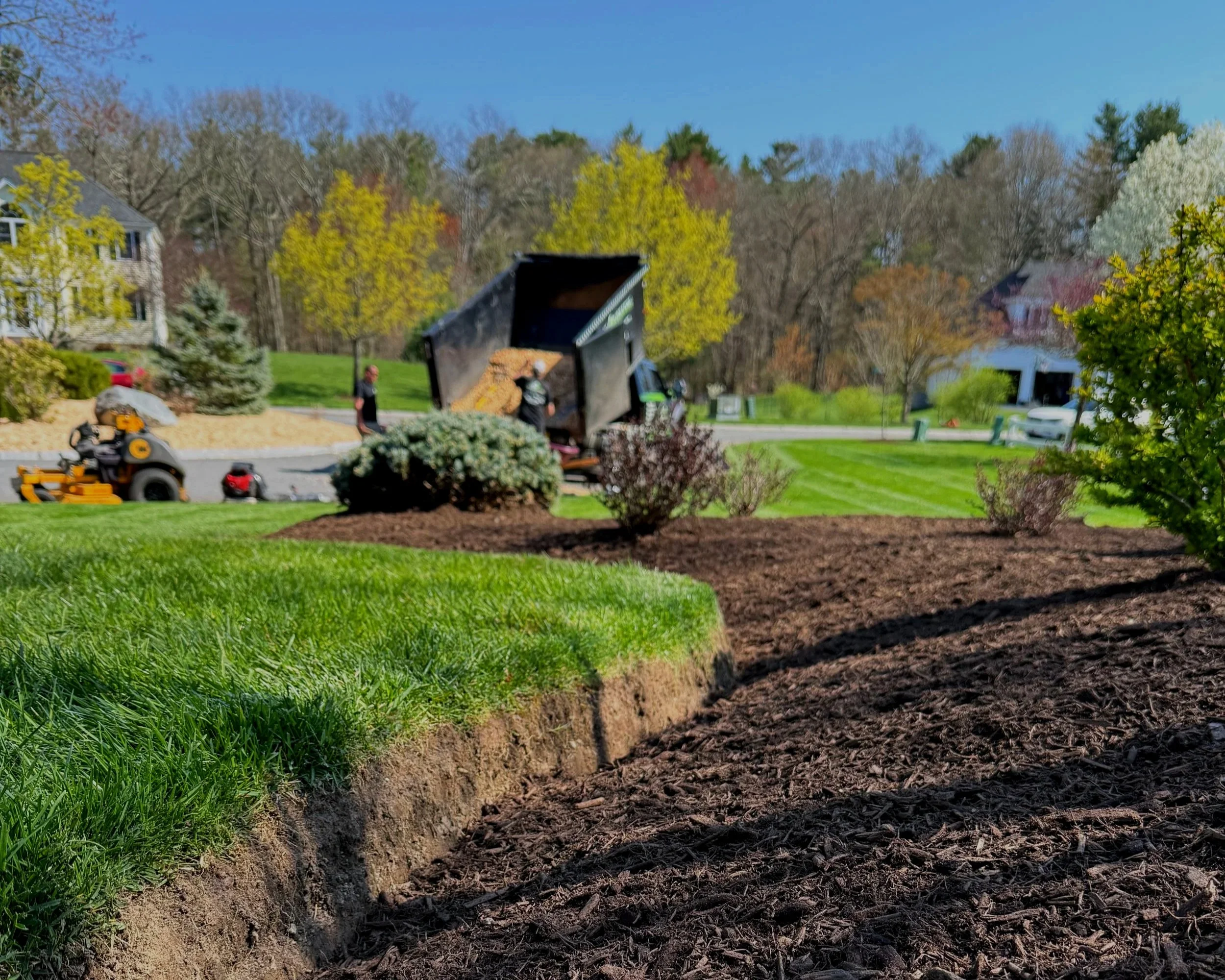 Lawn and garden being landscaped with mulch, shrubs, and a yard worker operating a dump truck in a residential neighborhood on a sunny day.