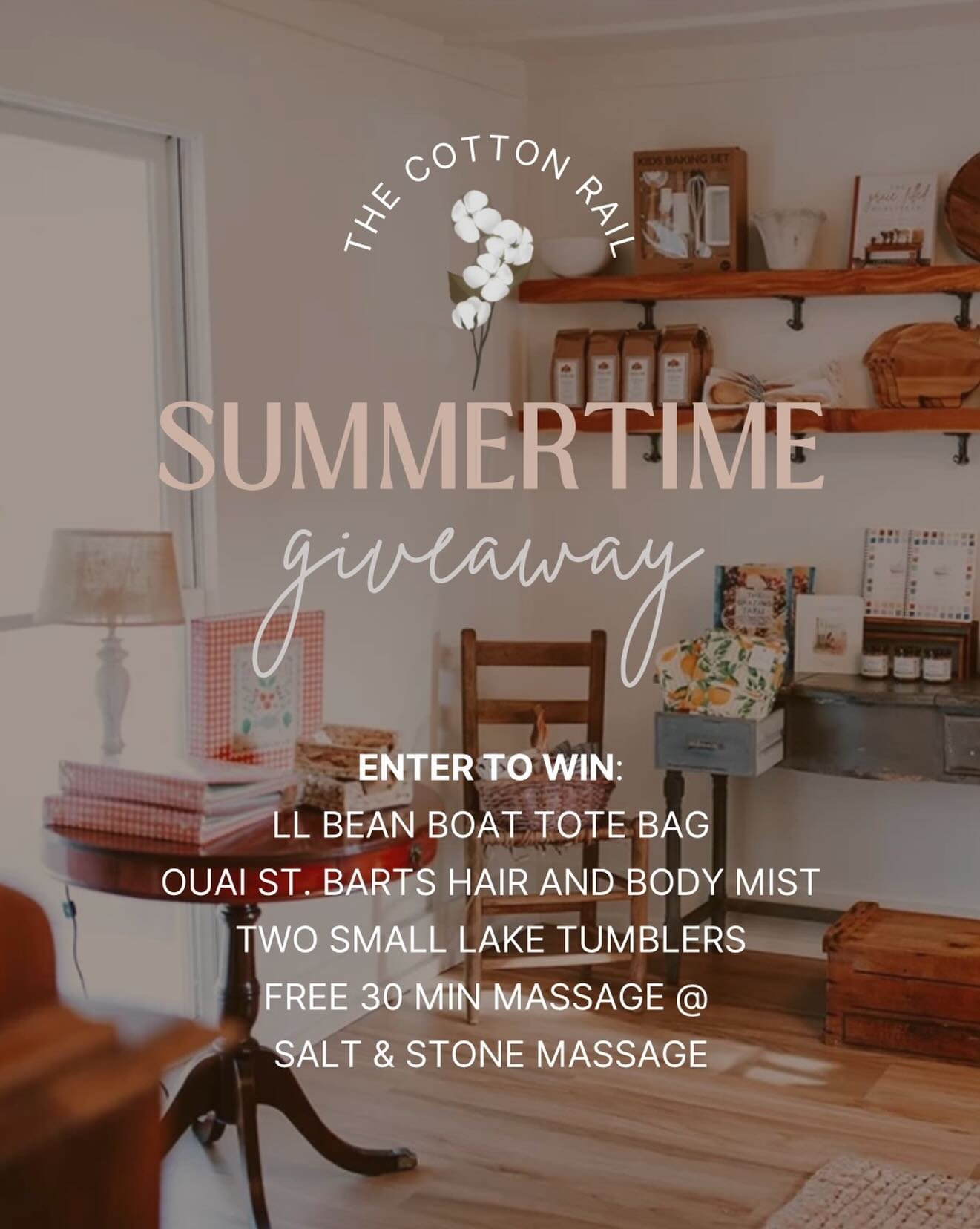 SUMMERTIME GIVEAWAY!

We are super excited to announce that we partnering with Salt and Stone Massage LLC to launch a giveaway to kick off the summer 🪩🩵🥳

Ways To Win:
1) Follow both @thecottonrail &amp; @saltandstonemassagellc 
2) Share this post