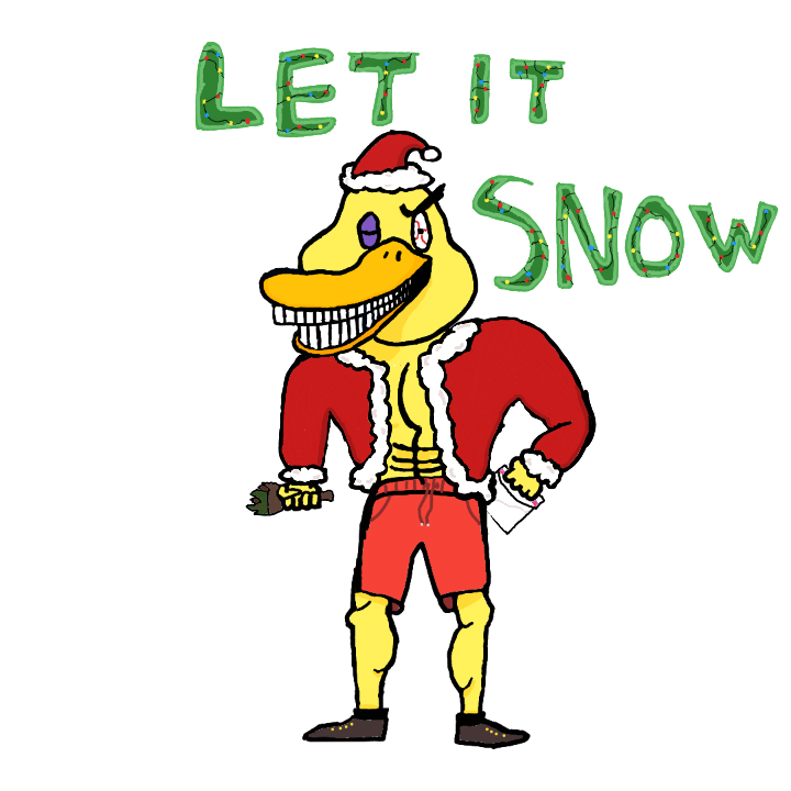 A cartoon duck dressed in a Santa Claus outfit, with a red hat and coat, standing with one hand on its hip, and the text IET ON shown above with Christmas lights.