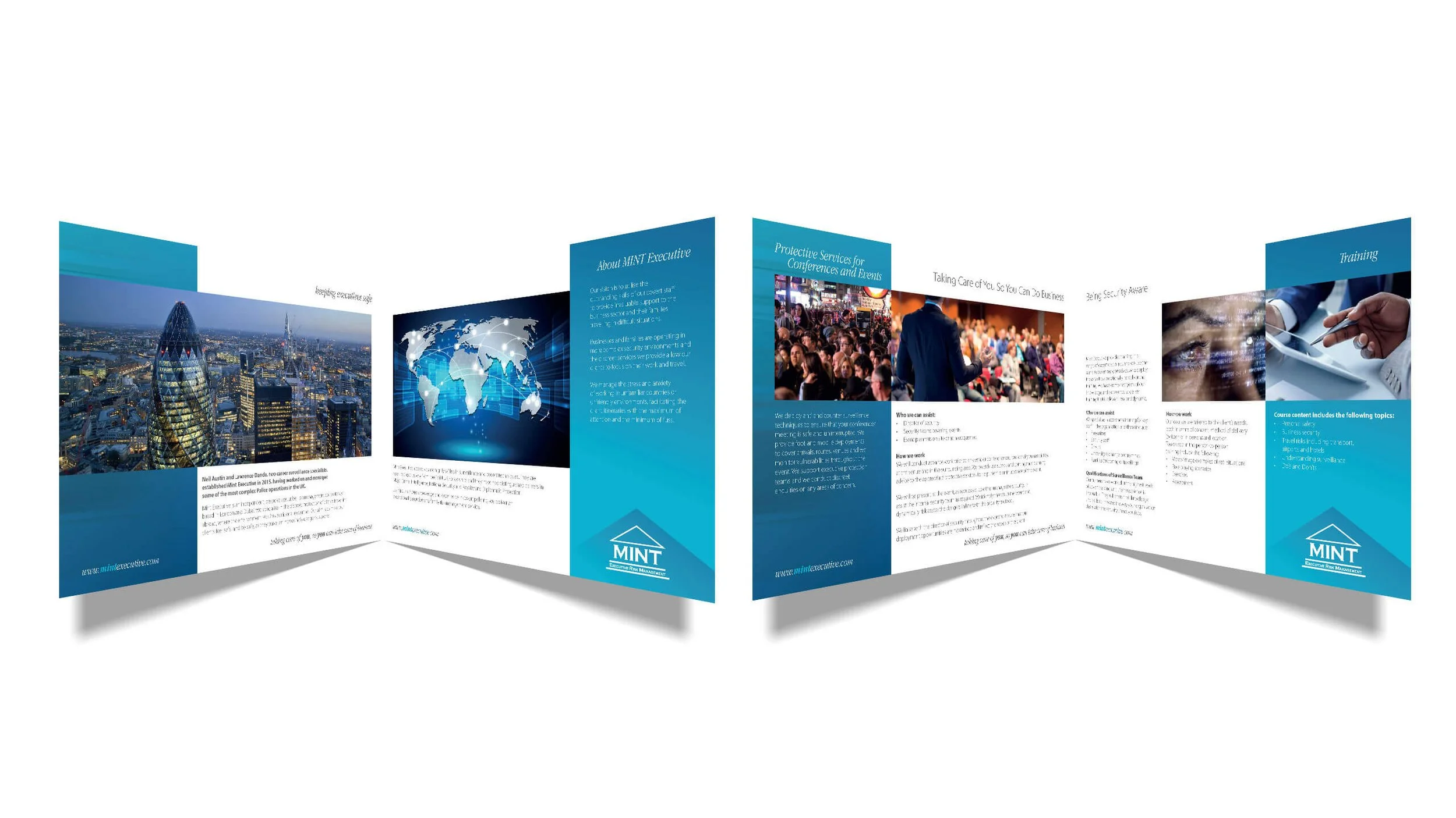 Tri-fold brochure with a city skyline, a world map, and informational text about MINT Executive services.