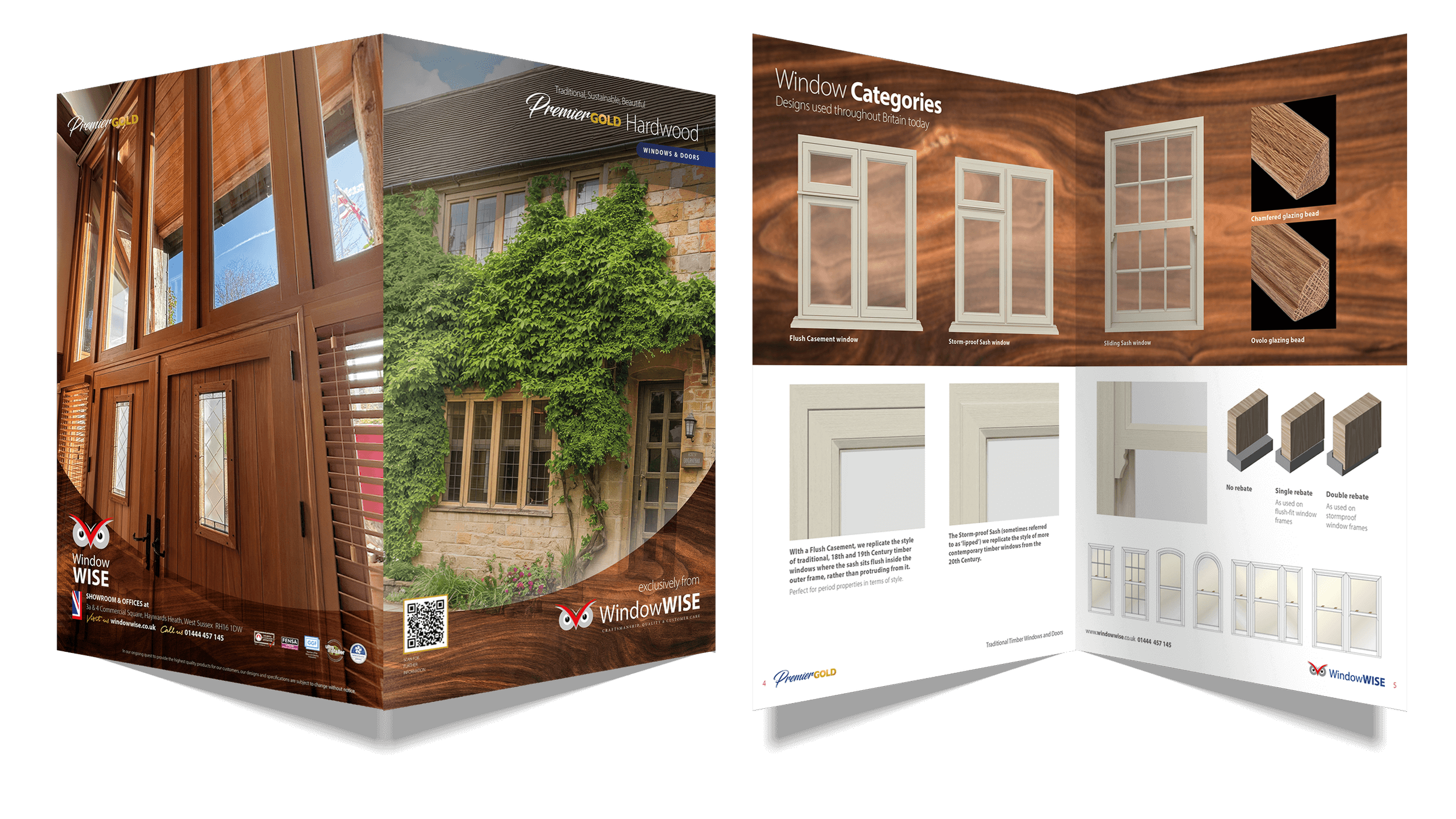 Brochure showcasing various styles and categories of timber windows and doors, including images of window frames, glass beads, and window styles like flush casement, storm-proof sash, sliding sash, and oval glazing beads, with a background of wood gr