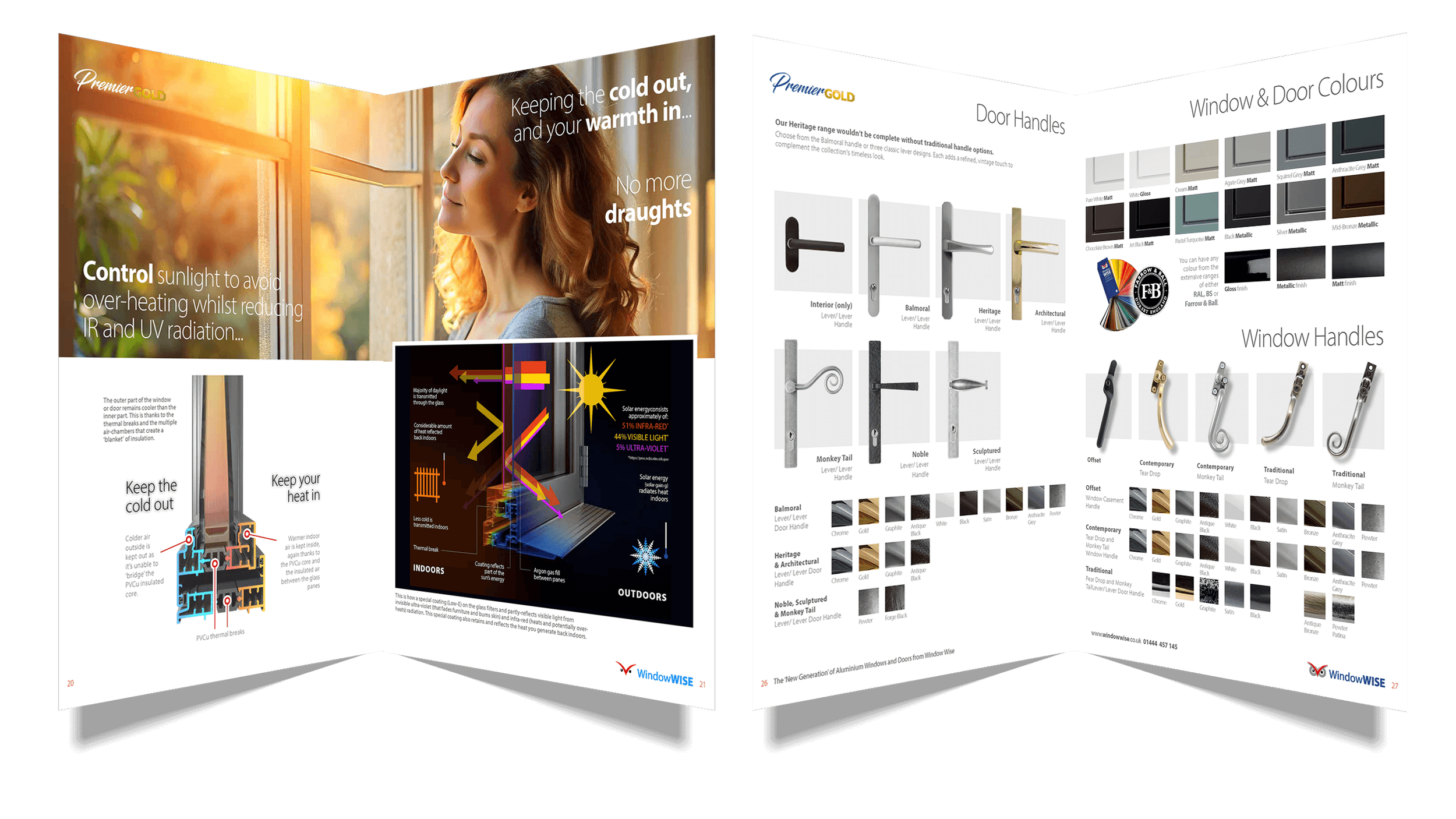 Open window brochure displaying information about window insulation, heat control, and various types of door handles and window handles in different colors and finishes.