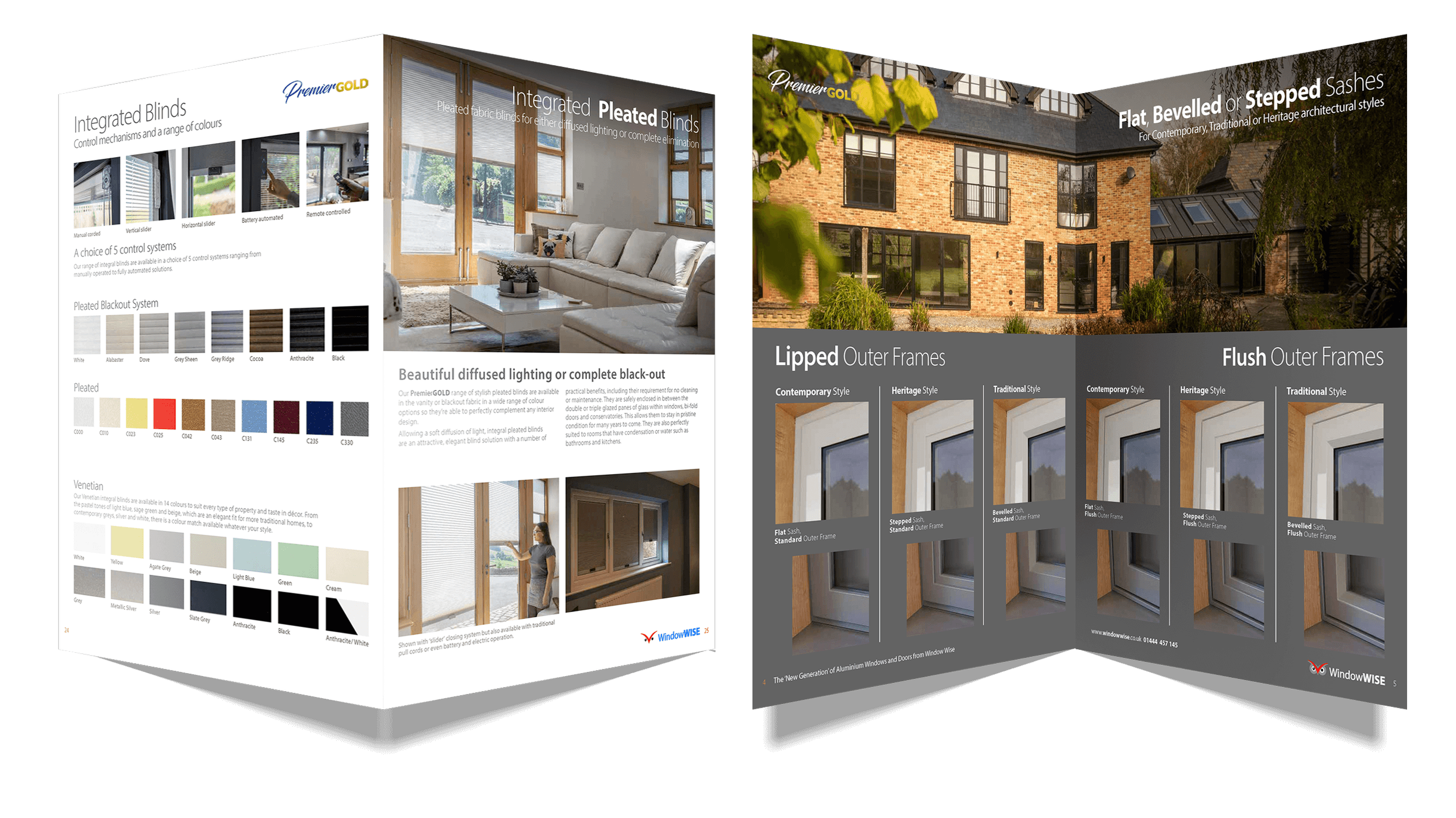 Brochure showcasing different types of window frames, blinds, and sashes with images of interiors and exteriors of homes.