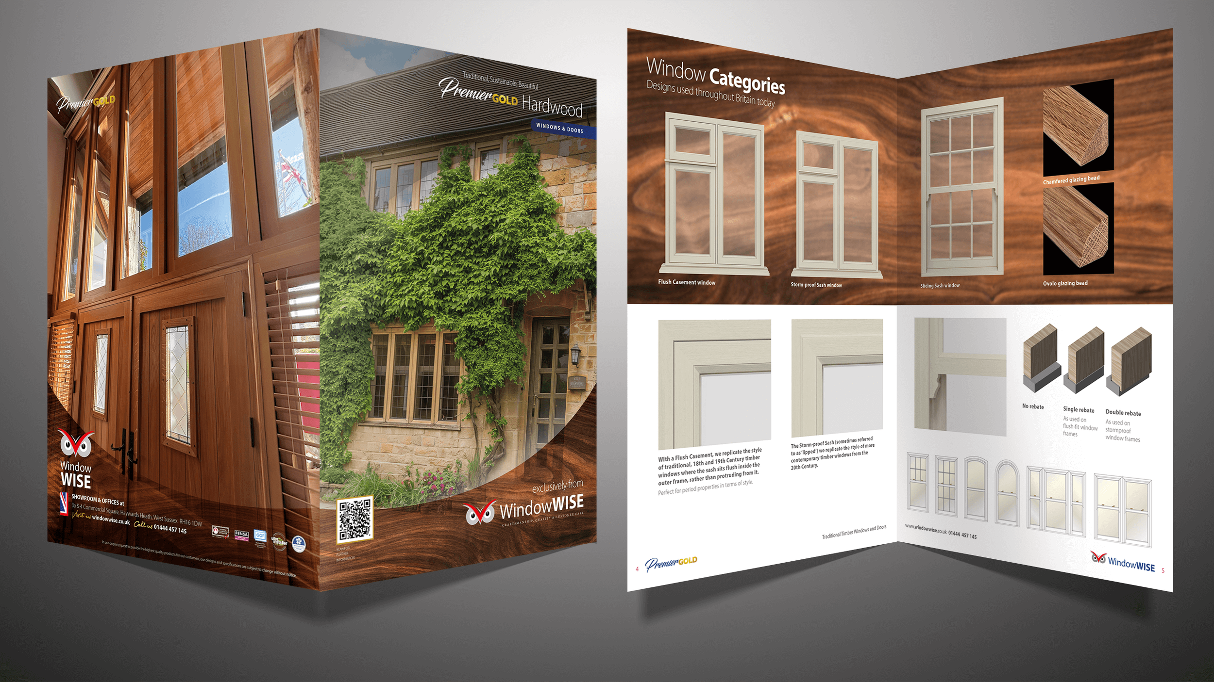 Brochure displaying various wood window styles, categories, and glazing beads, with an exterior house covered in ivy.