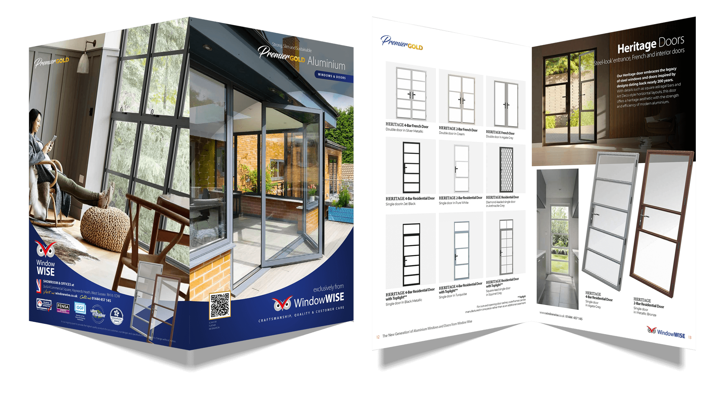 Brochure for WindowWISE showcasing various aluminum windows and doors, with images of home interiors and exteriors, including sliding glass doors and different window styles.
