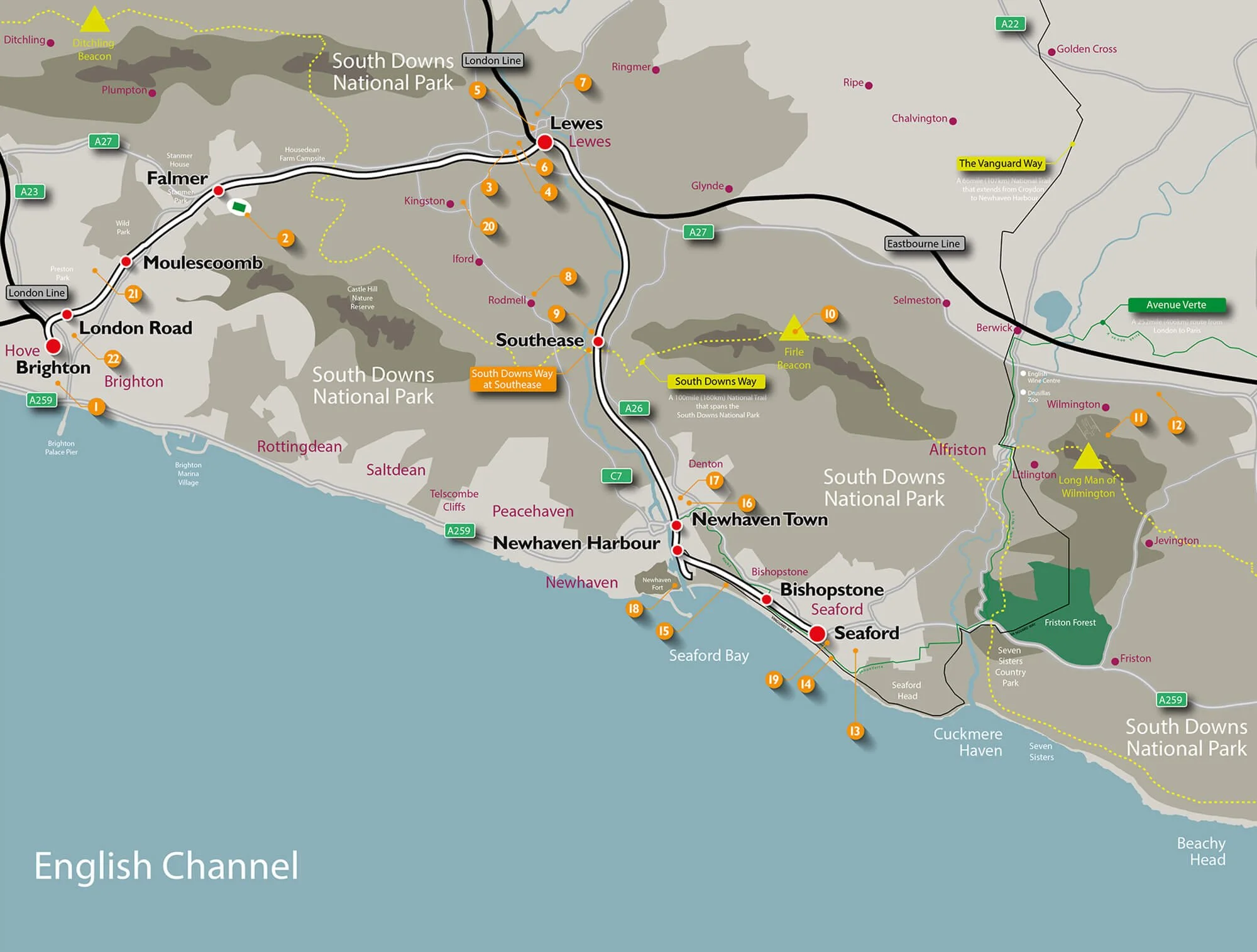 Map of South Downs National Park in England showing towns, villages, roads, paths, and landmarks including Seaford, Eastbourne, Lewes, and Brighton, with walking trails and natural features like the Seven Sisters and Friston Forest.