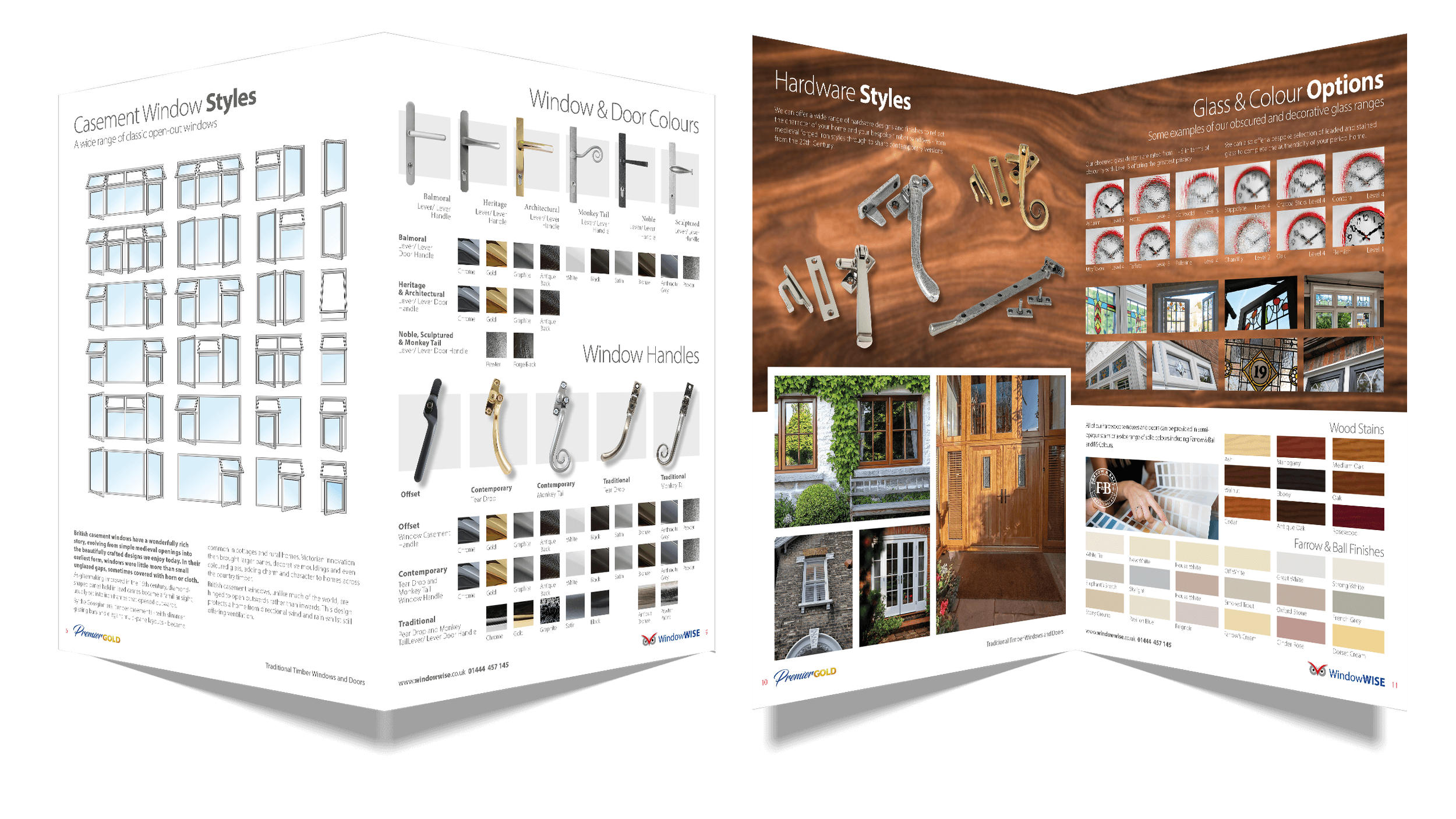 Open brochure showcasing window styles, handles, hardware, glass options, wood stains, and finishes for windows and doors.
