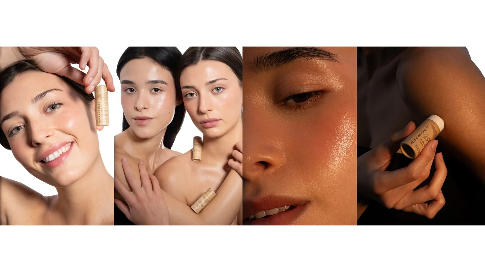 A collage of five images featuring diverse women showcasing skincare products and glowing skin, with a focus on a small jar labeled River Organics.