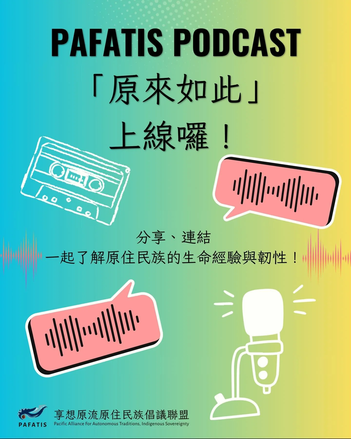 🎙️PAFATIS Podcast《原來如此！》正式上線！

在太平洋島嶼與海洋的脈動之間，我們分享原住民族群的故事、語言、文化、歷史與當代議題。

從 Indigenous sovereignty、土地、語言、與文化復振，到青年行動與倡議，PAFATIS 希望透過對話，讓更多人了解原住民族生命經驗與韌性。

&mdash;&mdash;&mdash;

目前已經上兩集！

第一集：首位 AIT Professional Fellowship Program (PFP) 獲選原青代表赴美國亞利