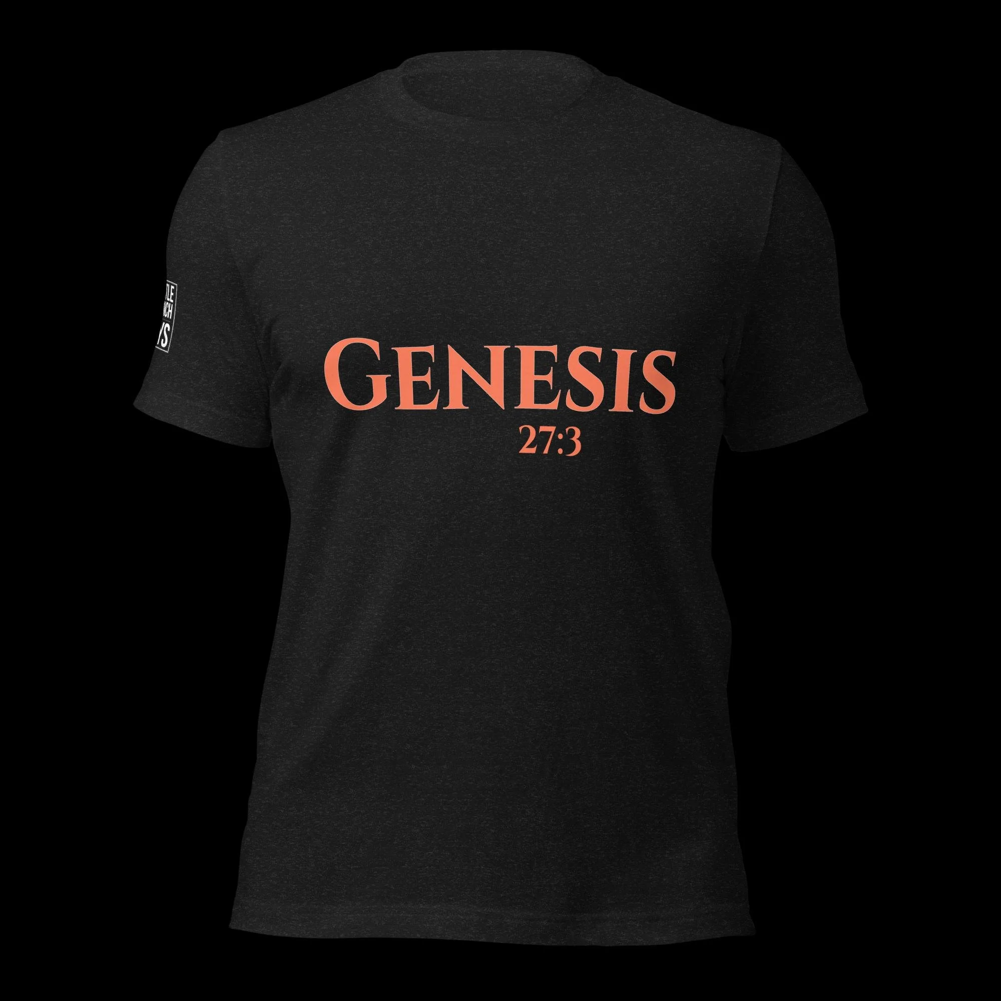 Black T-shirt with 'GENESIS 27:3' printed in large orange text on the front. The shirt has a small patch on the left sleeve.