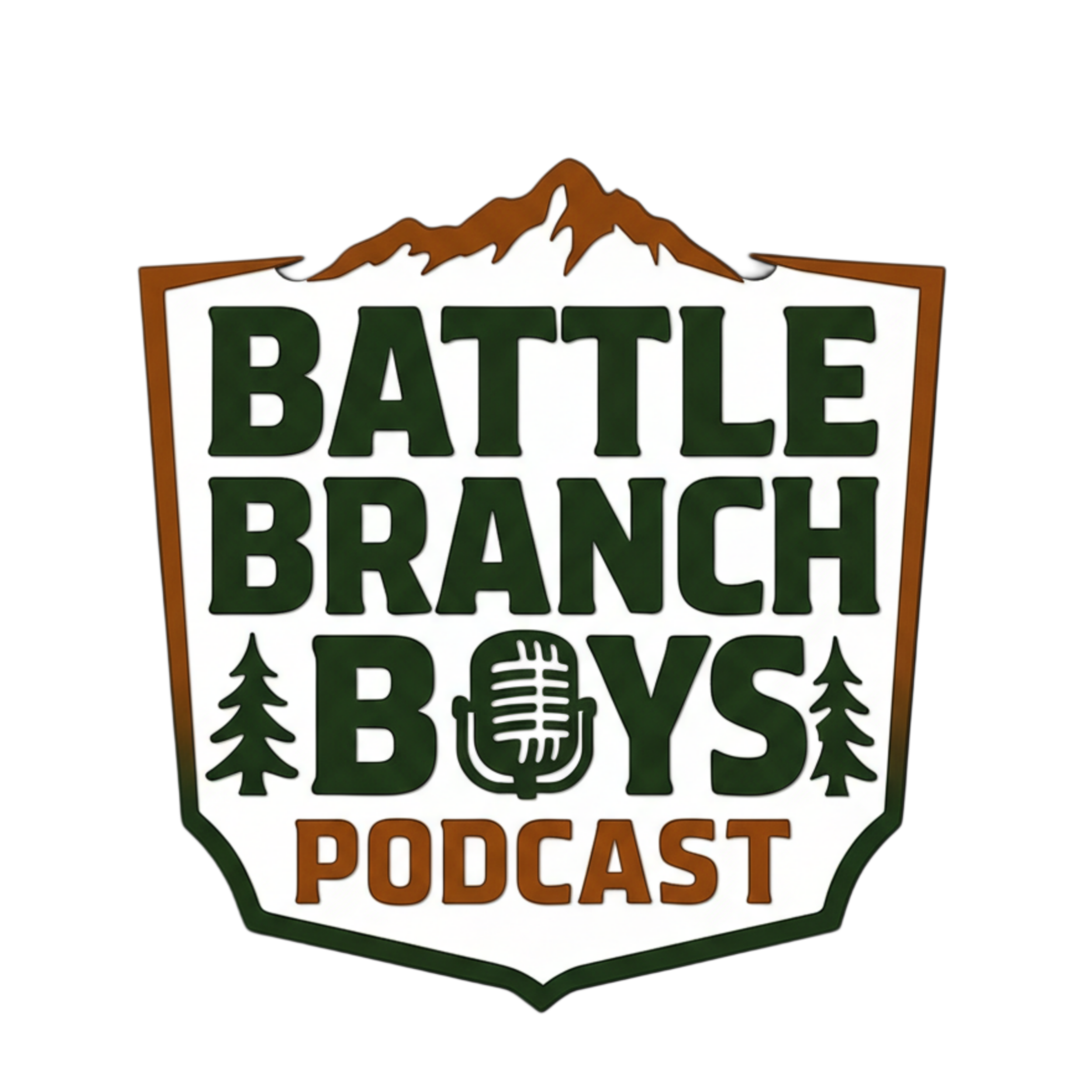 Logo for Battle Branch Boys Podcast featuring mountains, trees, and a microphone.