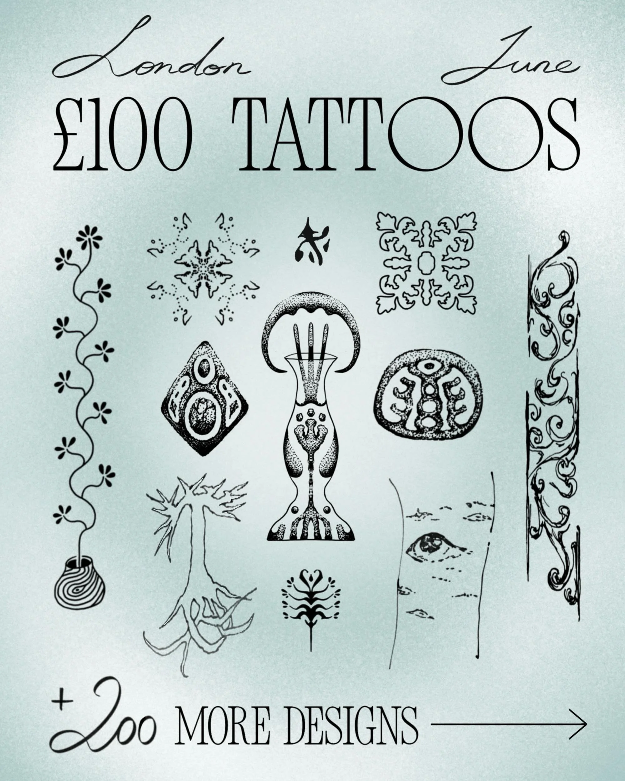 &pound;100 designs in June, each strictly up to 10cm, arm/leg/hand placements.
We can negotiate price for different placements / bigger sizing <3
Time to tattoo; 8th, 11th, 14th, 17th, 22nd, potentially 28-29th.
First come first serve!
I am runnin