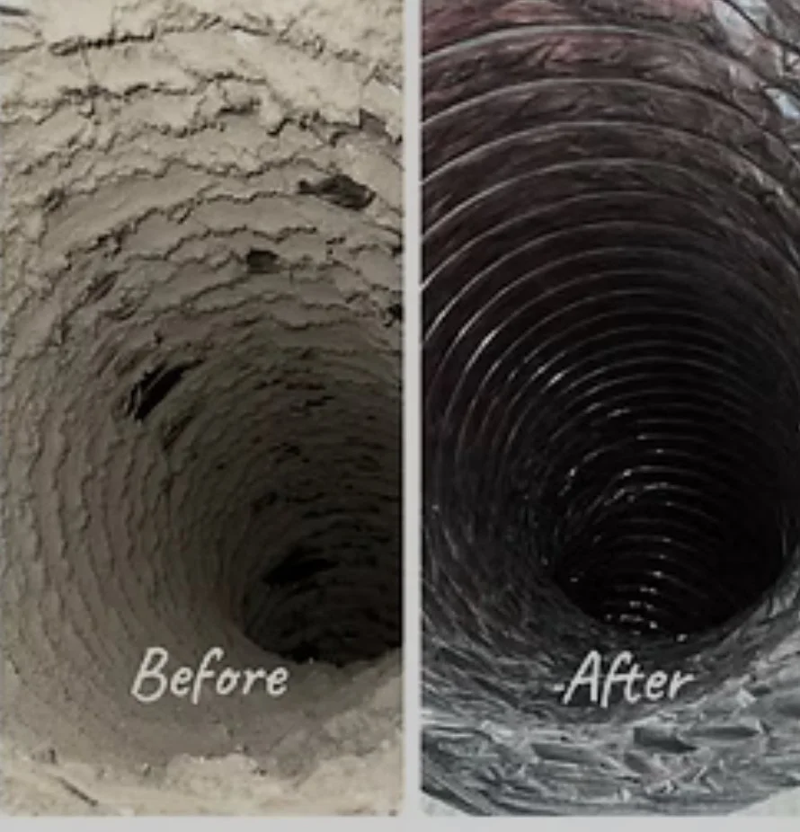 Comparison of a dirty, clogged drain on the left before cleaning and a clean, clear drain on the right after cleaning.