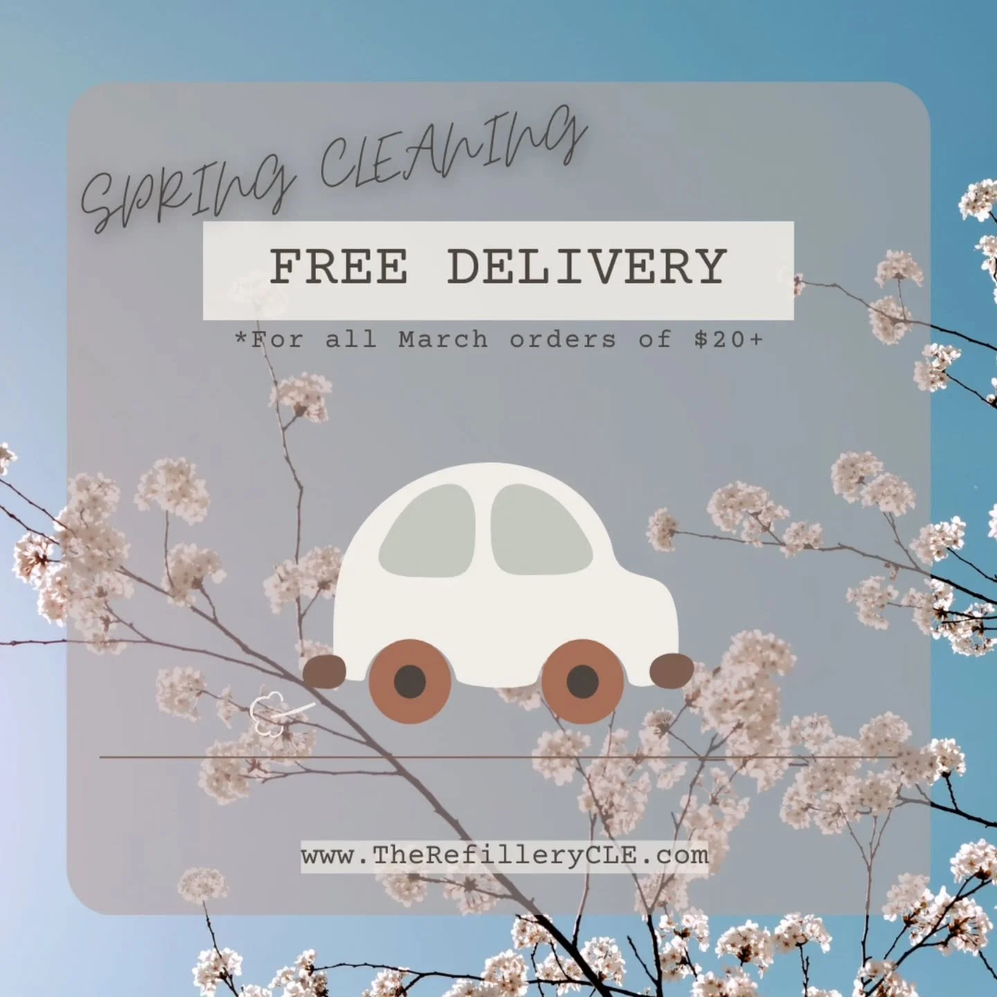 March brings us spring and we are bringing you all your orders for free! All orders of $20 or more placed within March will receive free delivery.

Stock up on your spring cleaning essentials at The Refillery.

#ClevelandLocal #ShopLocal #RefillRevol