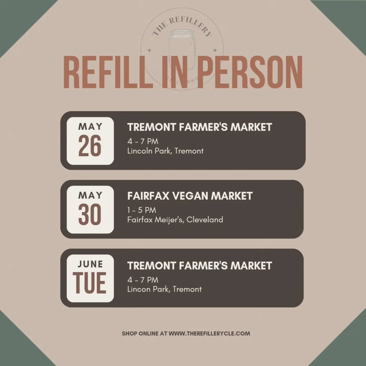 Summer is right around the corner! We'll be popping up and refilling your empties. Refill in person at Tremont Farmer's Market, every Tuesday from 4 - 7 pm, and Fairfax Vegan Market, May 30th from 1 - 5 pm.

Follow us and see where we'll be next!

#C