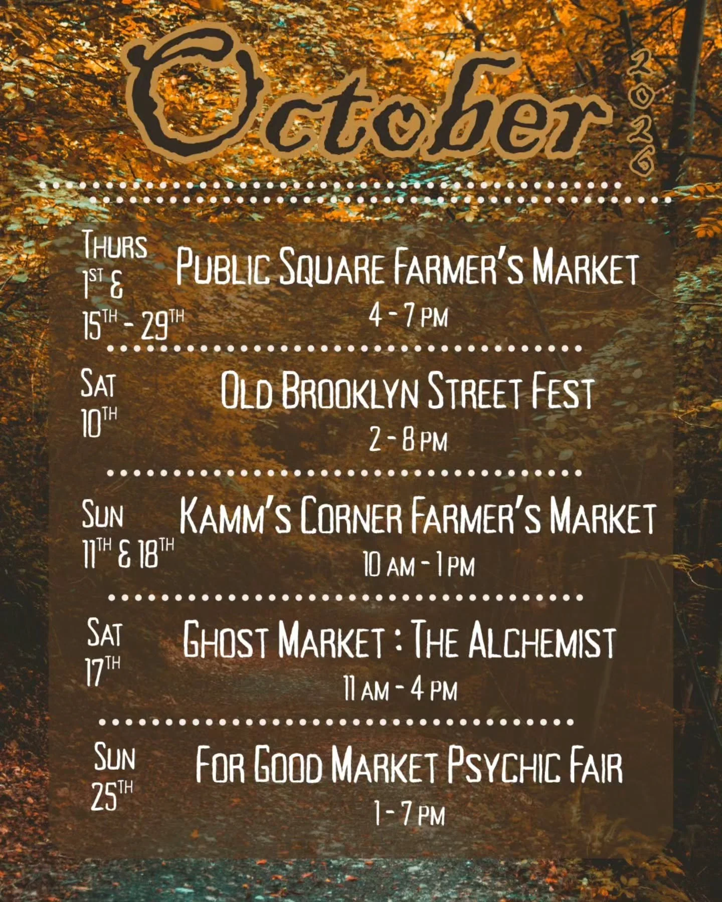 We are back and ready to kick off October! Catch us this month for market exclusives and in person shopping.

Here&rsquo;s a breakdown of our markets and where to find us around town.

&curren; Thursday, Oct 1st 15th, 22nd, and 29th, 4 - 7 pm @clepub