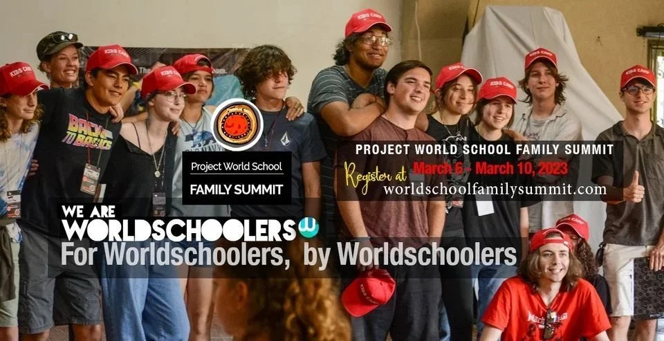 Group of young people at the Project World School Family Summit, some wearing red caps, smiling and posing for the photo. The event is scheduled from March 6 to March 10, 2023, and is promoted on their website.