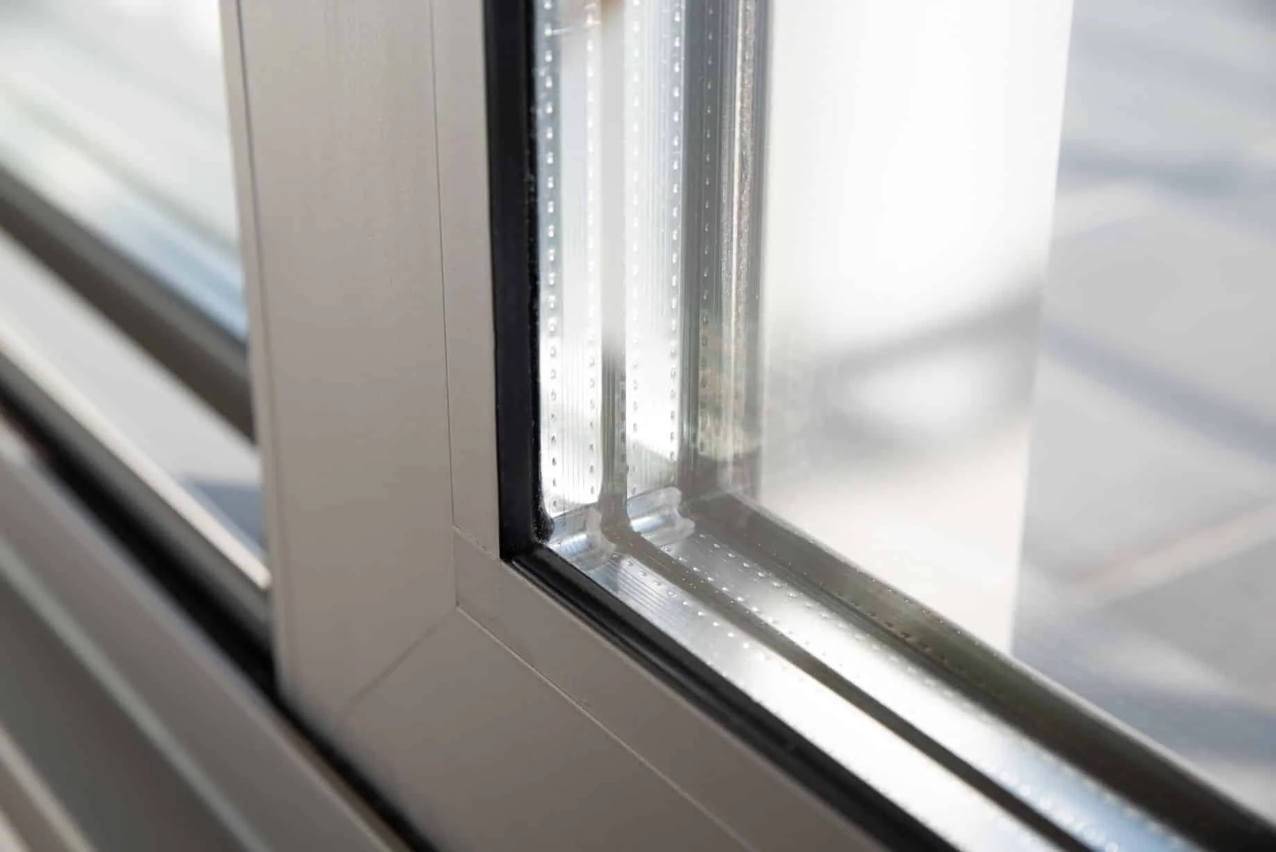 Close-up of a modern sliding glass door frame with metal and rubber seals.