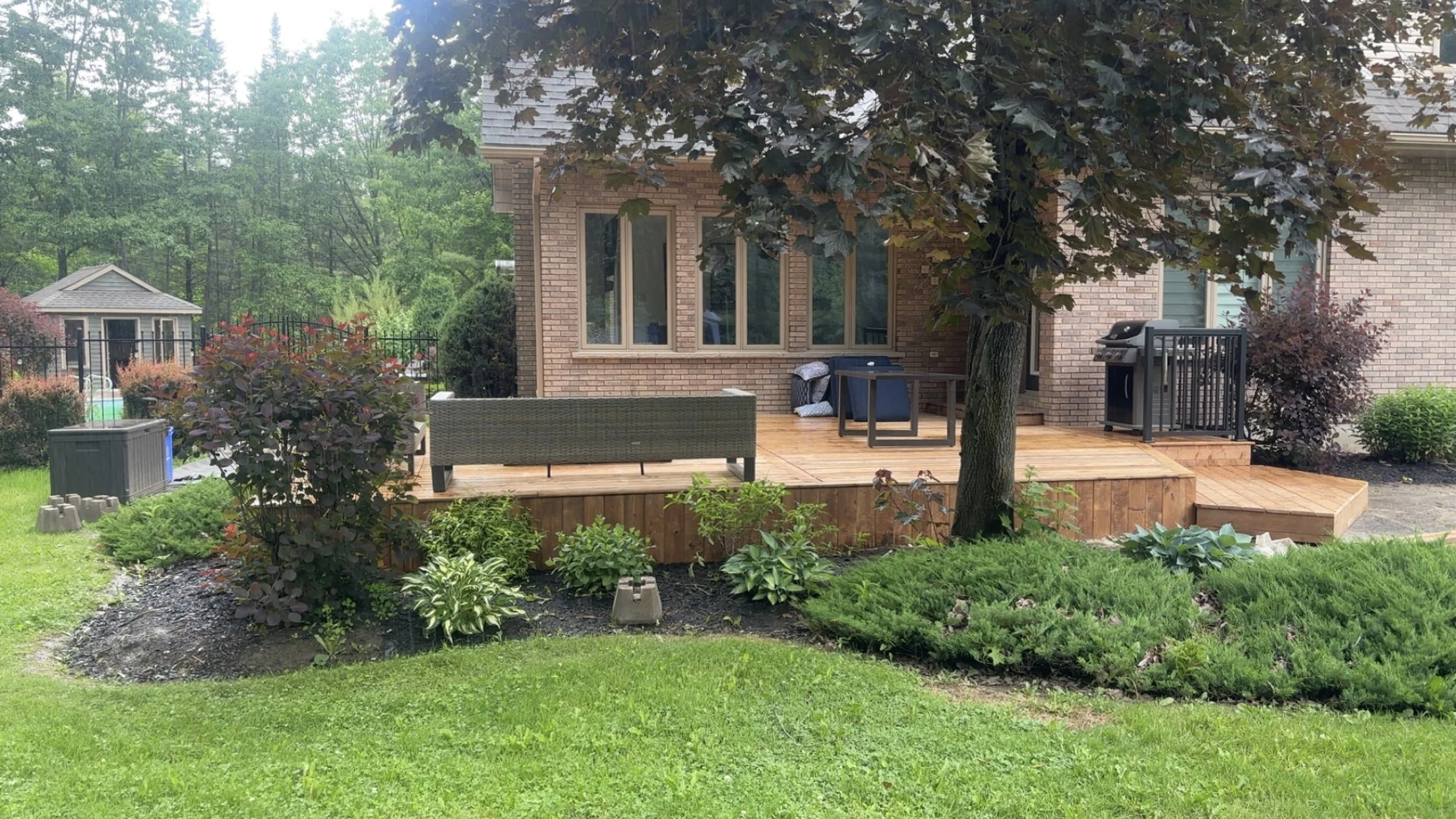 A backyard with a wooden deck, brick house, barbecue grill, garden beds with plants, a large tree, and a view of a shed and tall trees in the background.