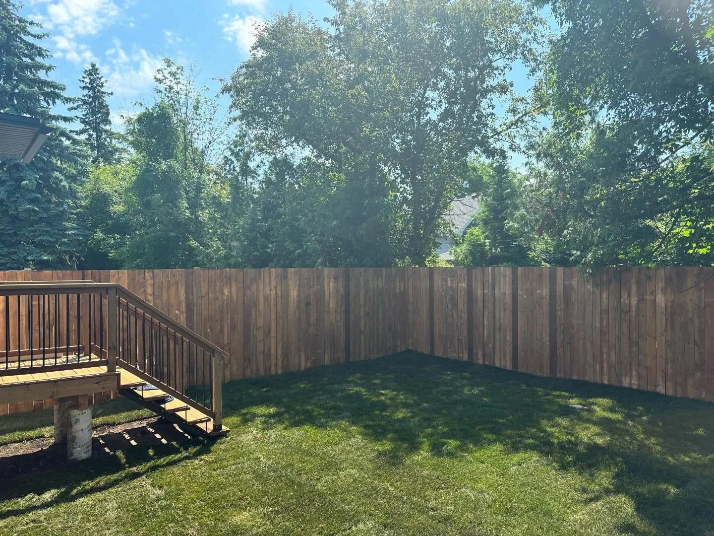 Backyard with a wooden fence, a grassy lawn, and trees in the background under a bright sunny sky.