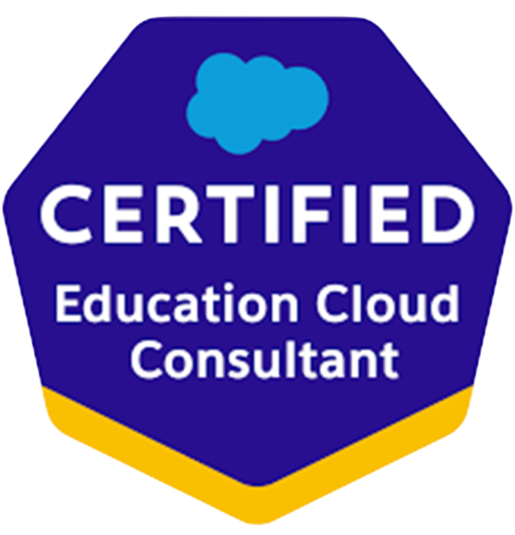 Purple and yellow badge with a cloud icon, stating "Certified Education Cloud Consultant".