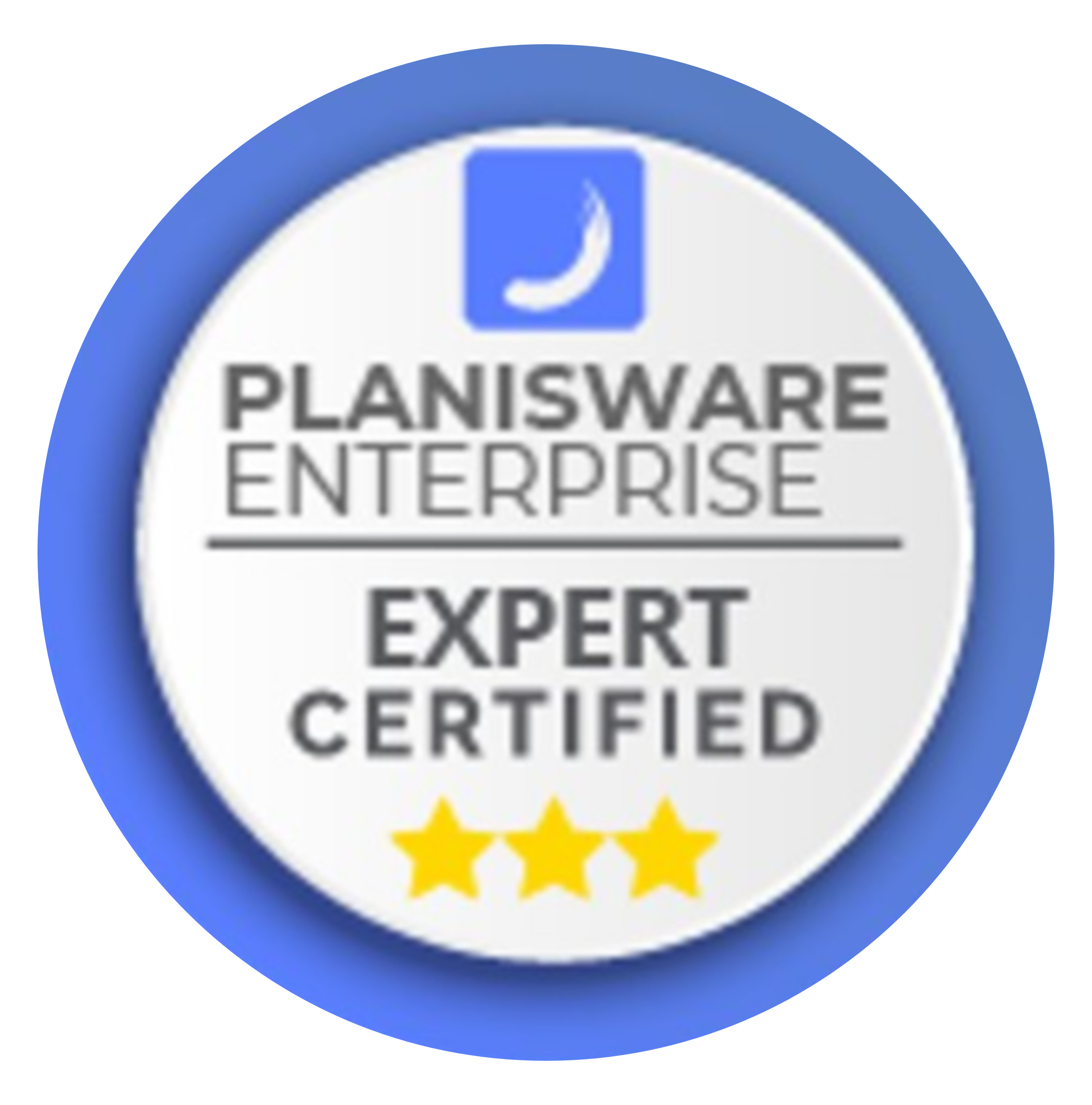 Badge with a blue and white design indicating expert certification from Planisware Enterprise, featuring three yellow stars.
