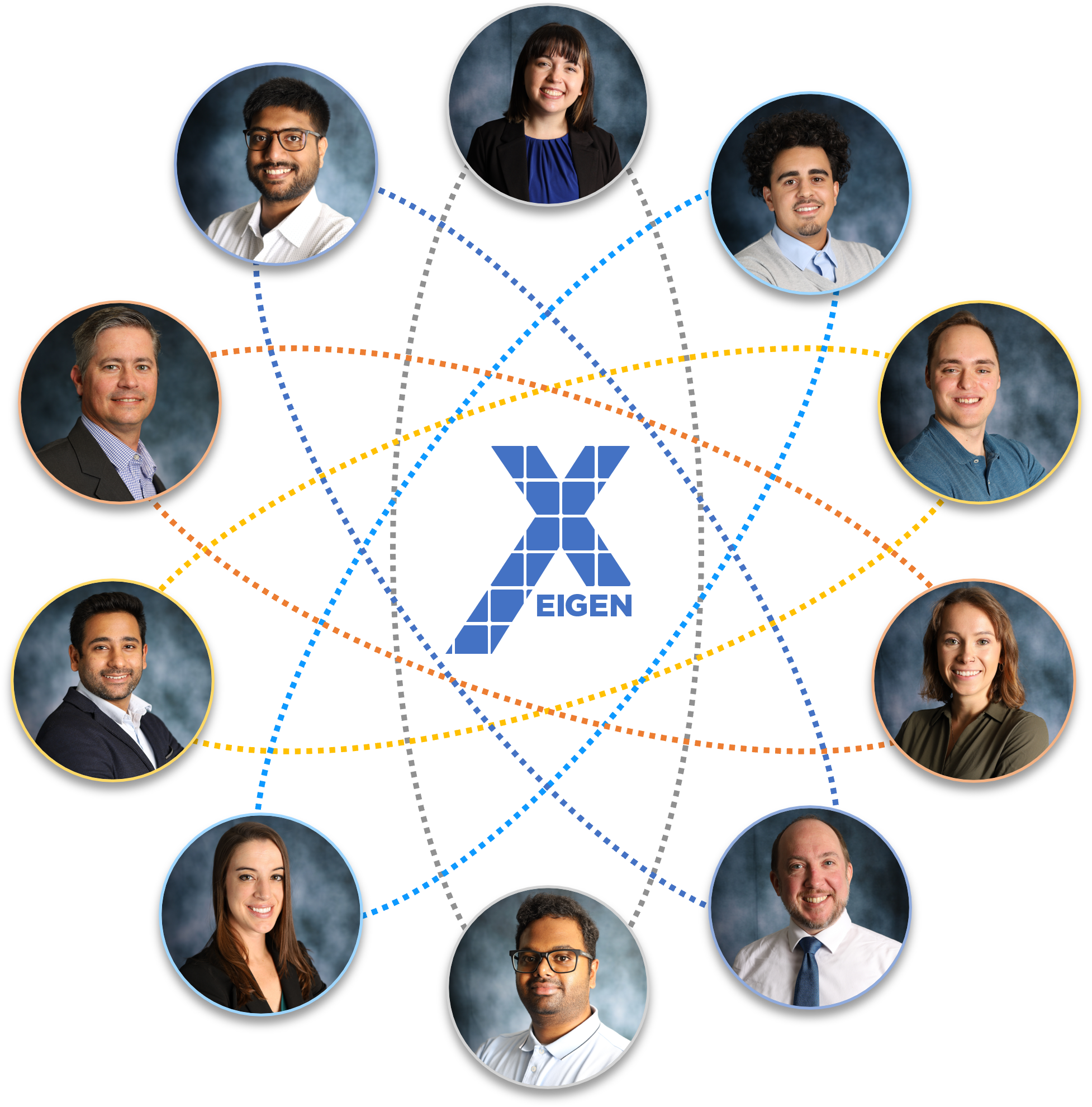 Collage of diverse professional headshots connected by colorful lines and geometric shapes, representing networking or teamwork.