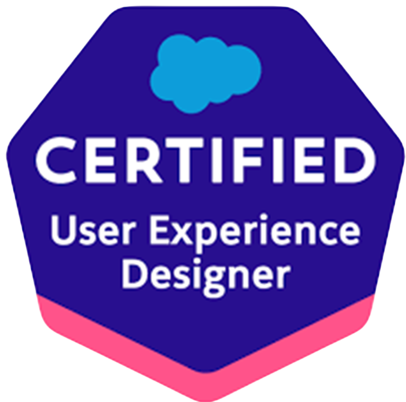 Certification badge with a blue cloud icon and the text 'CERTIFIED User Experience Designer' on a hexagonal pink and blue background.
