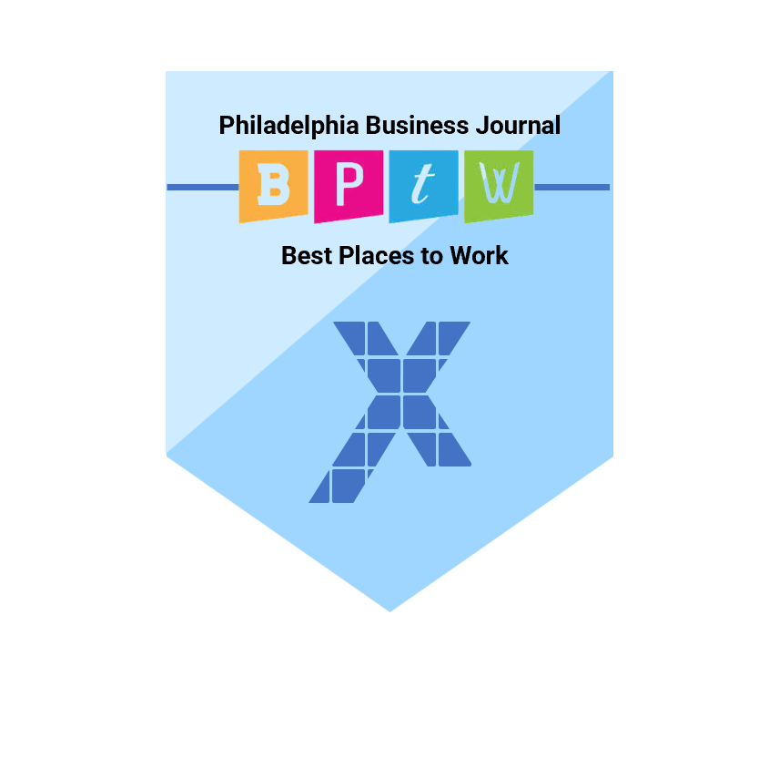 Cover of Philadelphia Business Journal highlighting top workplaces, with colorful acronym BPTW and a blue mosaic star logo, on a light blue background.