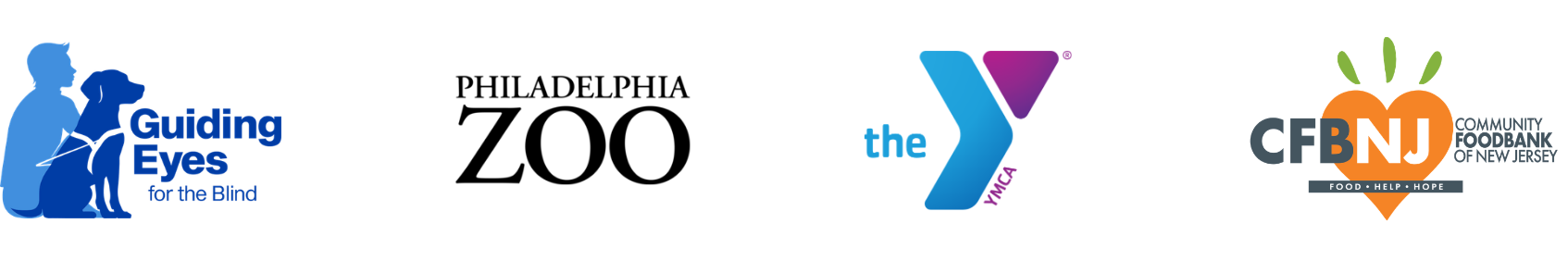 Eigen X Non-Profit Logos: Guiding Eyes for the blind, Philadelphia zoo, the YMCA, community foodbank of new jersey