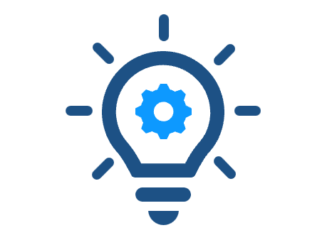 Icon of a light bulb with a gear inside, symbolizing ideas and innovation.