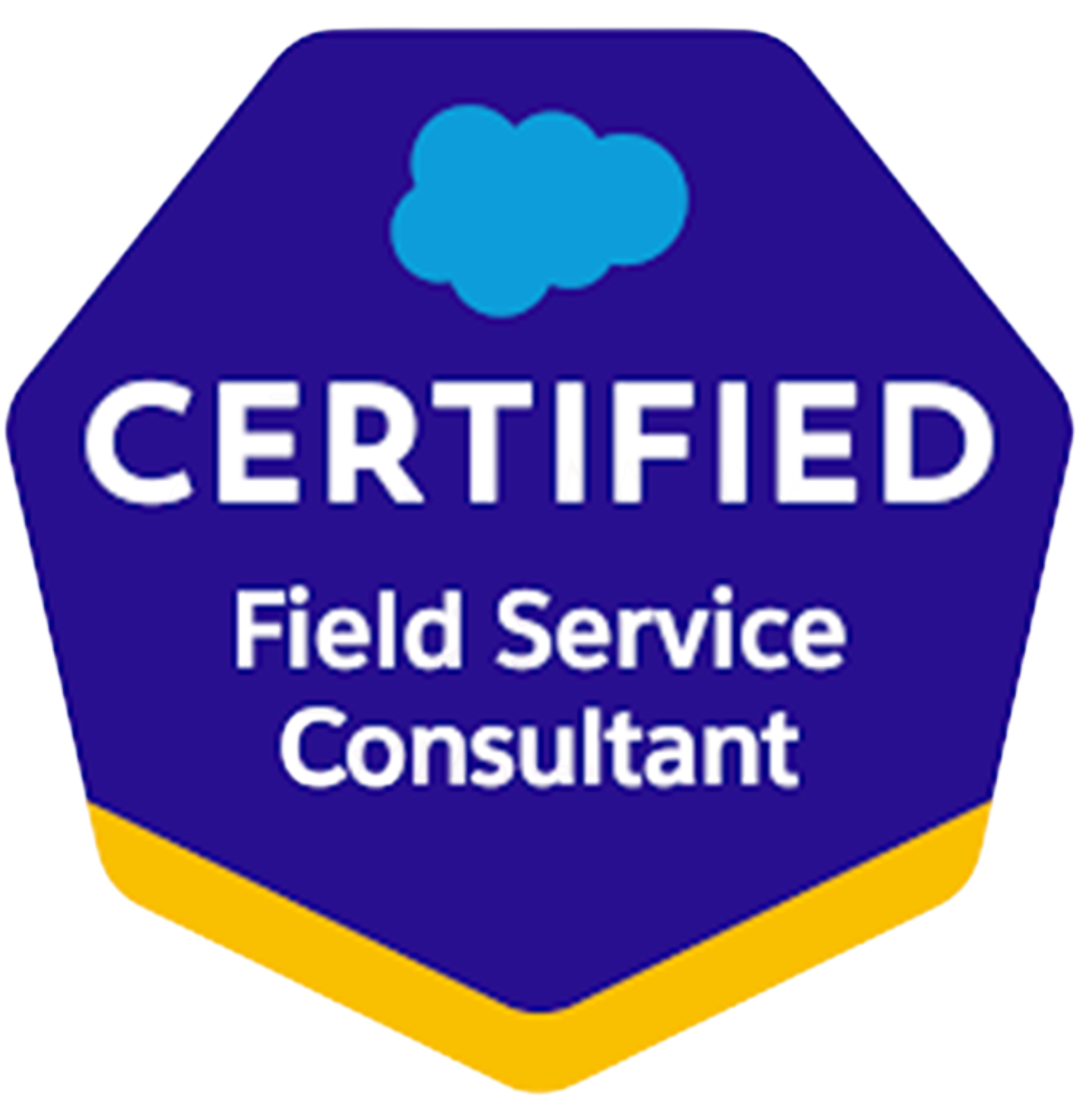 Blue hexagonal badge with a cloud icon and the words "CERTIFIED Field Service Consultant"