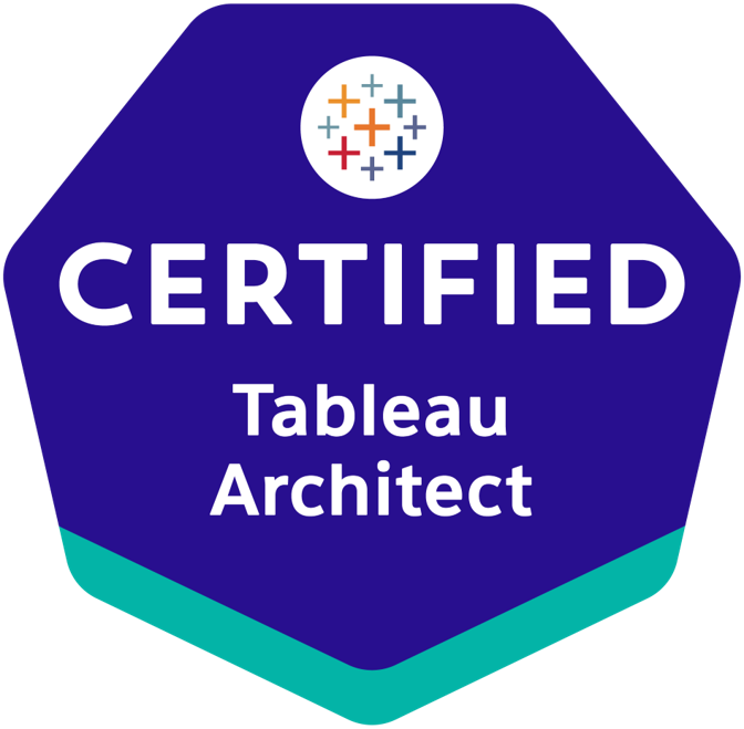 Badge with a blue hexagon shape, white text saying 'Certified Tableau Architect', and a colorful tableau logo at the top.