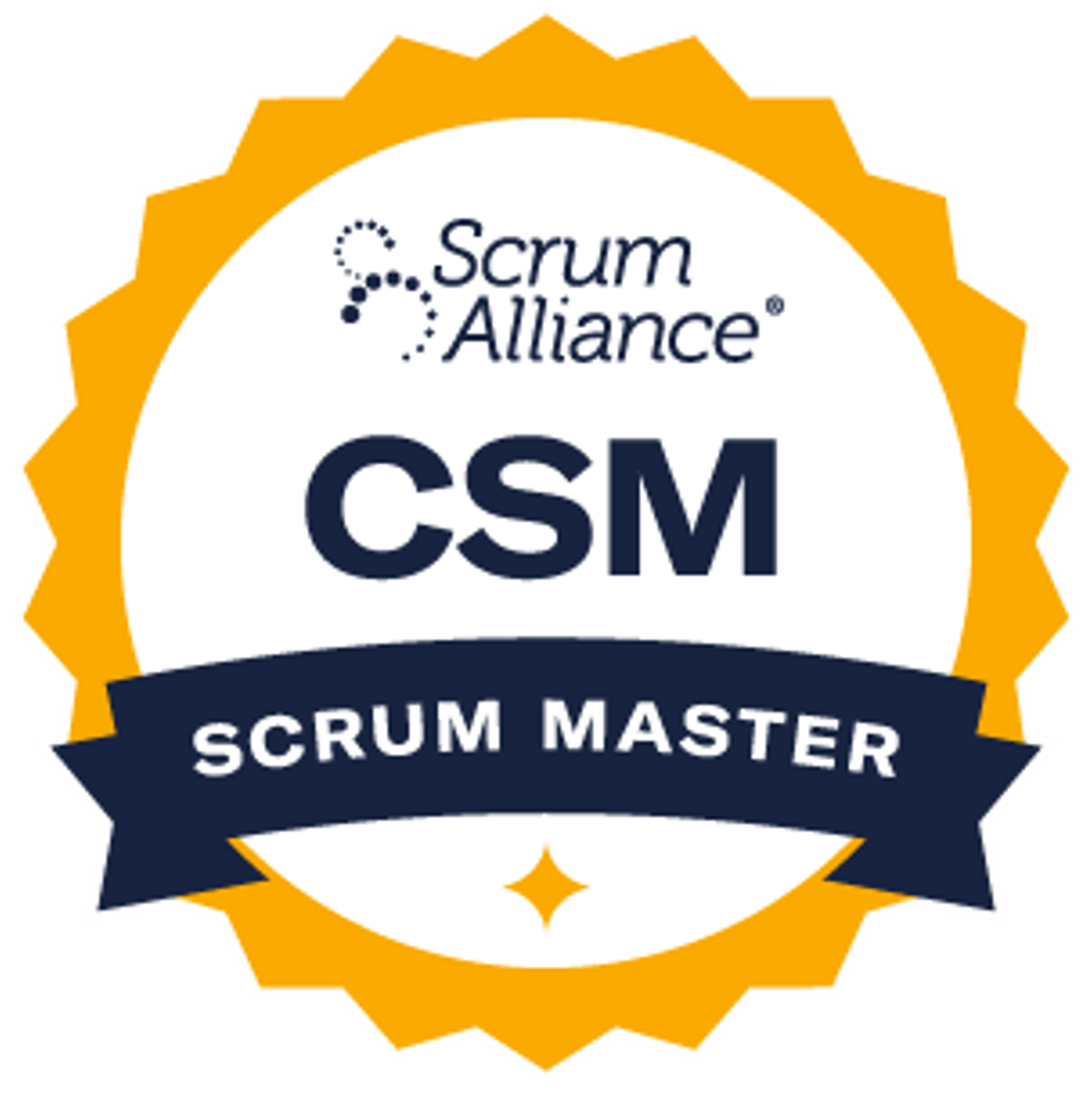 Scrum Alliance Certified Scrum Master badge with a gold and navy blue ribbon design.