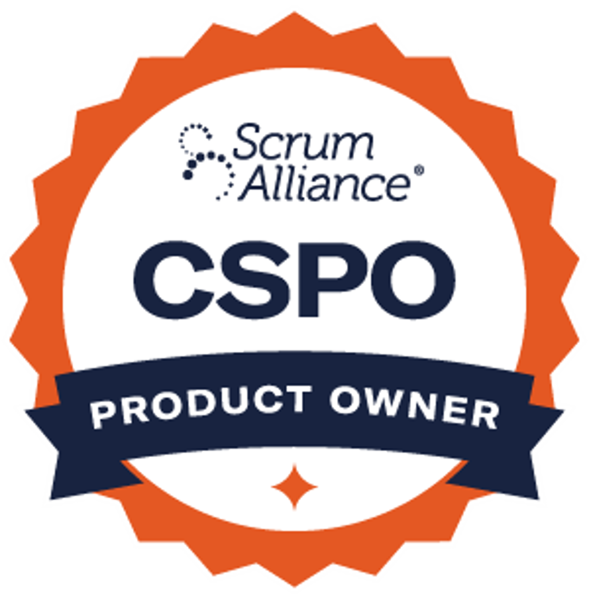 CSPO Product Owner badge from Scrum Alliance with orange, white, and navy blue design.