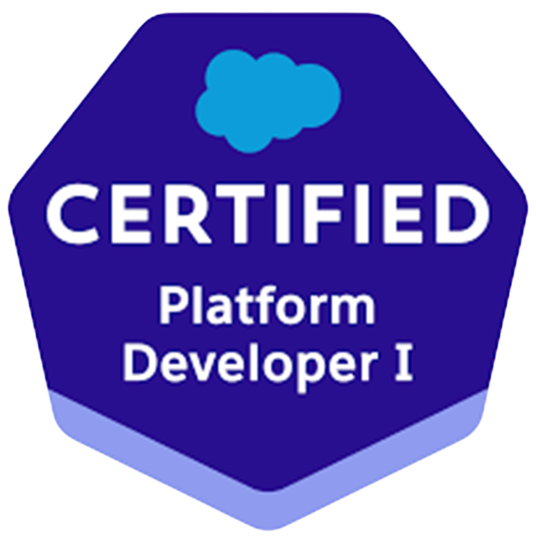 Certified Platform Developer I badge with blue cloud icon.