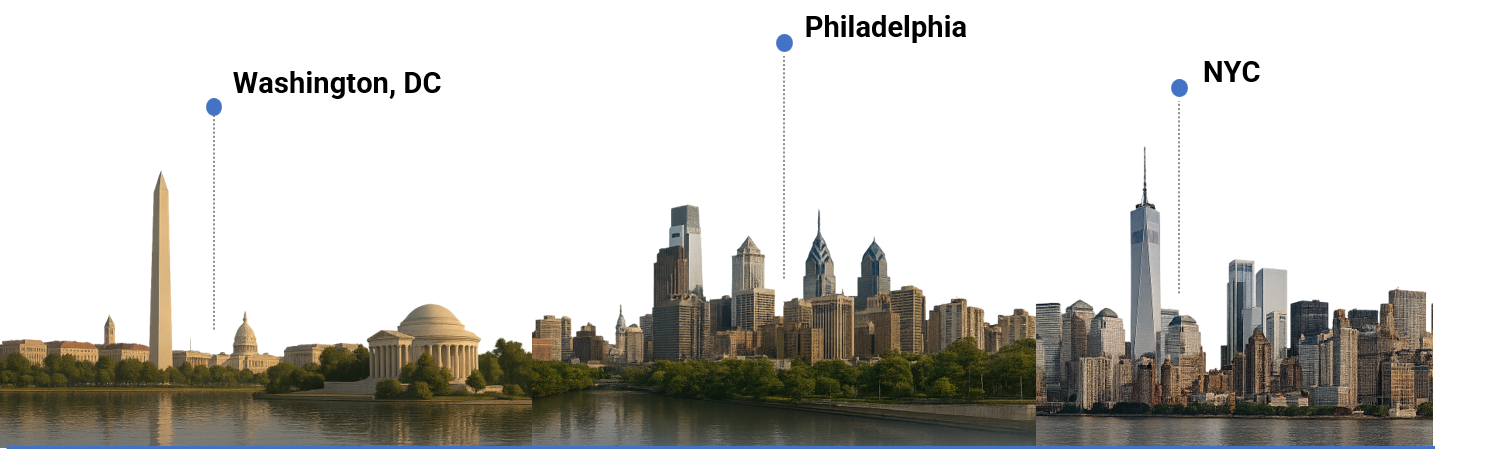 Skyline of Washington D.C. featuring the Washington Monument, Lincoln Memorial, and a cityscape with skyscrapers along the waterfront at sunset.