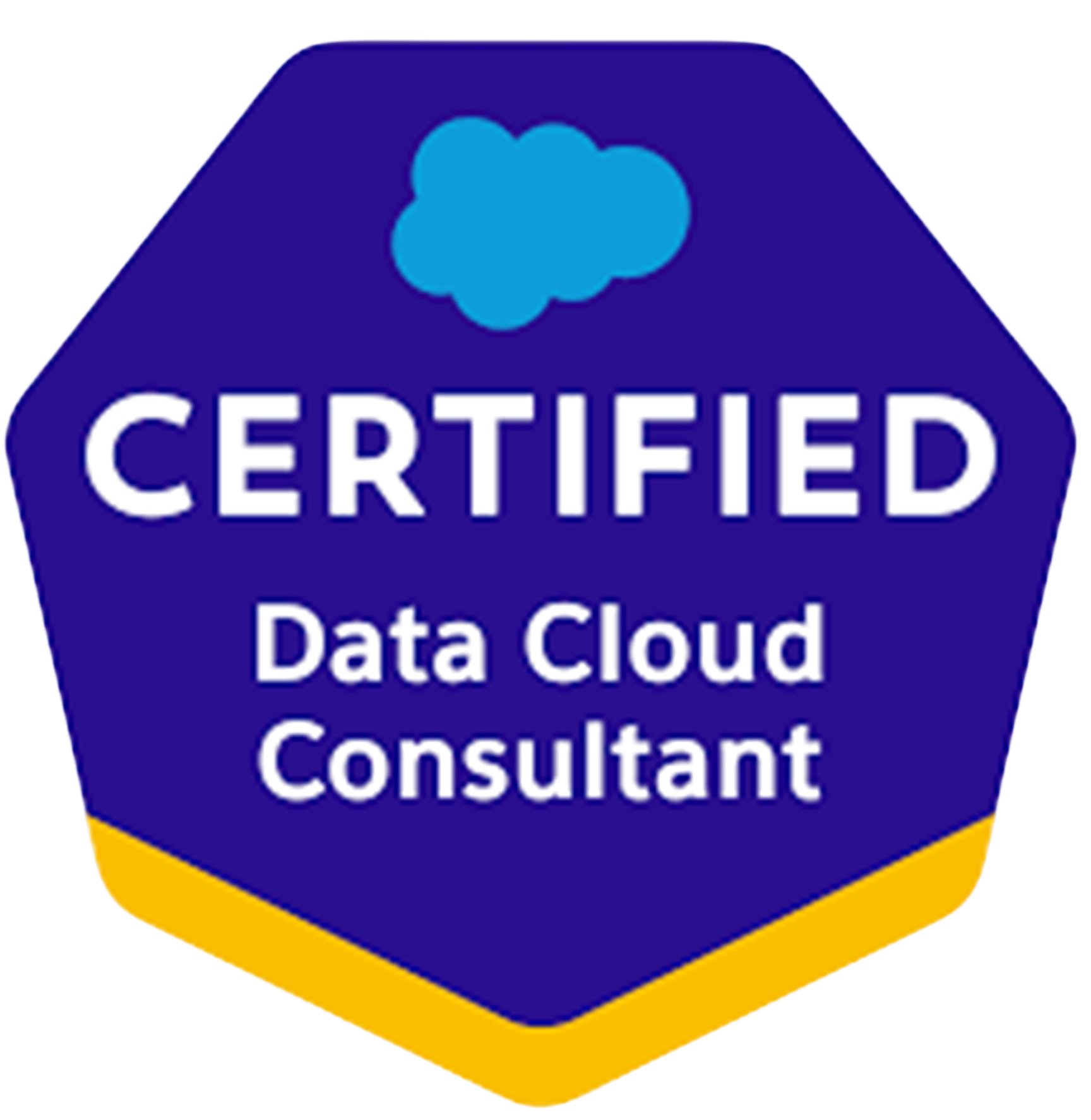 Blue hexagon badge with a cloud icon at the top, and text that reads 'CERTIFIED Data Cloud Consultant'.