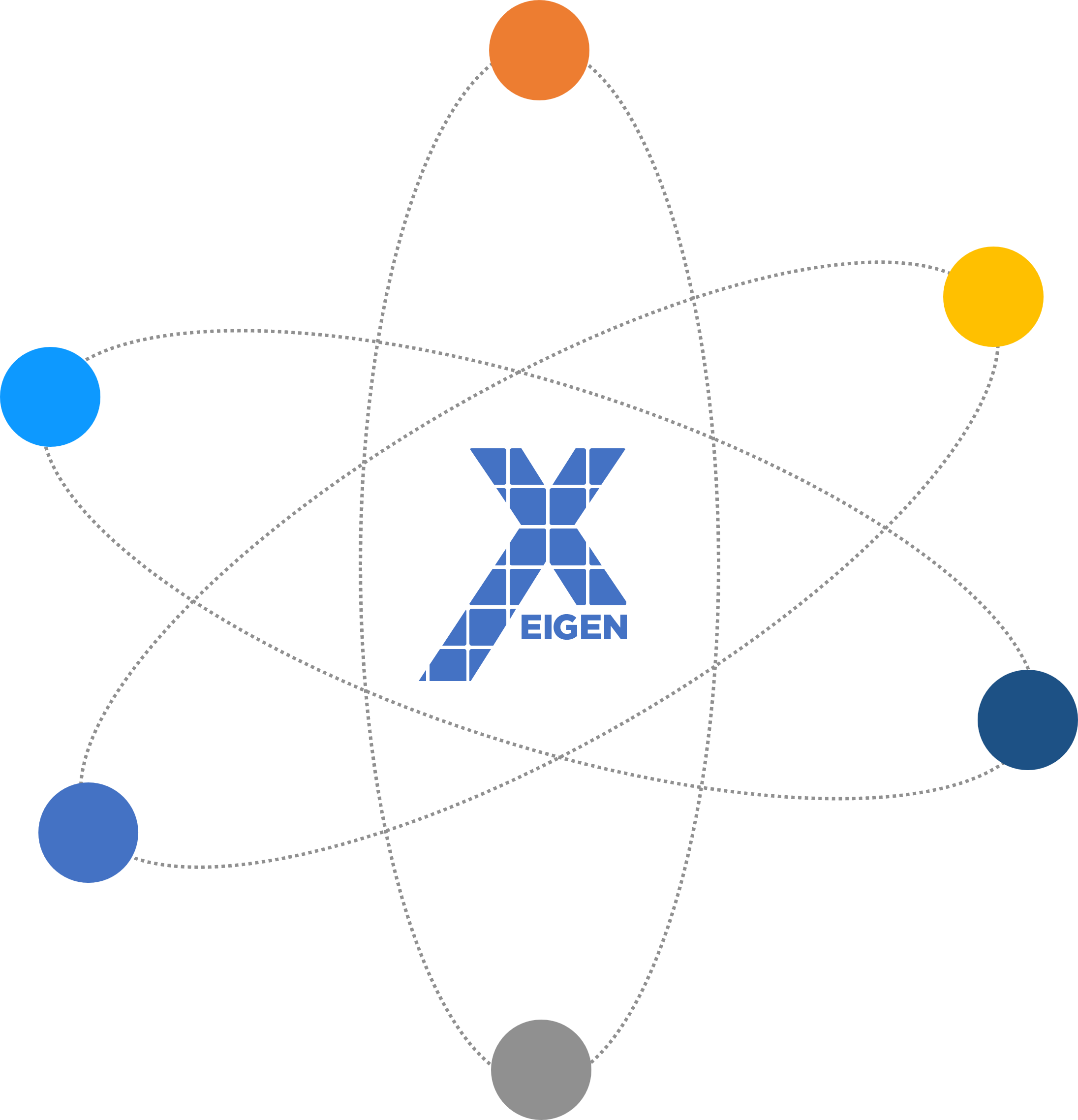 Illustration of an atom with electrons orbiting a nucleus, and the text 'XF EIGEN' in the center.