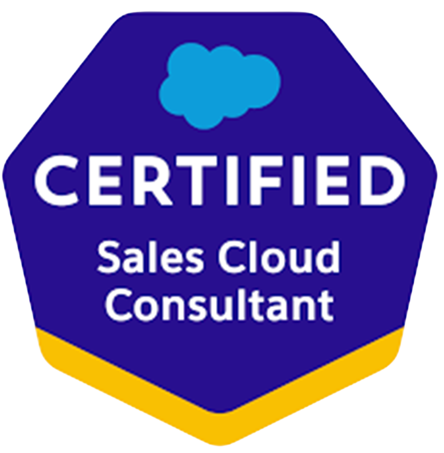 Blue hexagon badge with a cloud icon at the top, white text reading 'CERTIFIED' followed by 'Sales Cloud Consultant'.