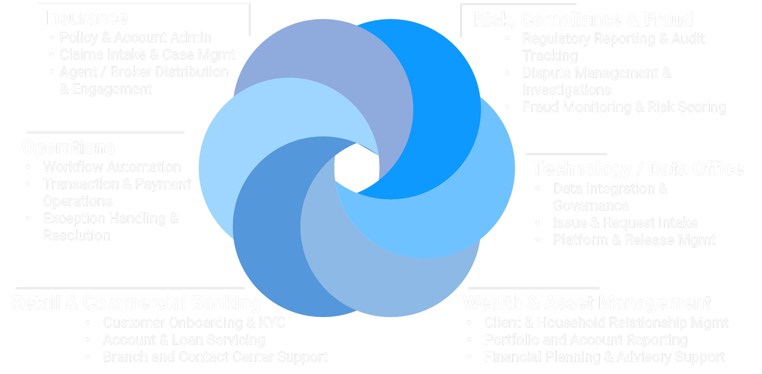 banking, wealth management, insurance, risk and compliance, operations, and technology/data management.