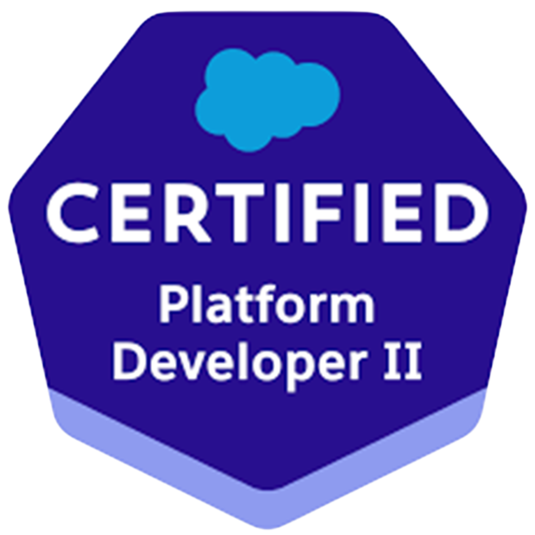 Badge with a blue cloud icon and the text 'CERTIFIED Platform Developer II' on a hexagonal blue background.