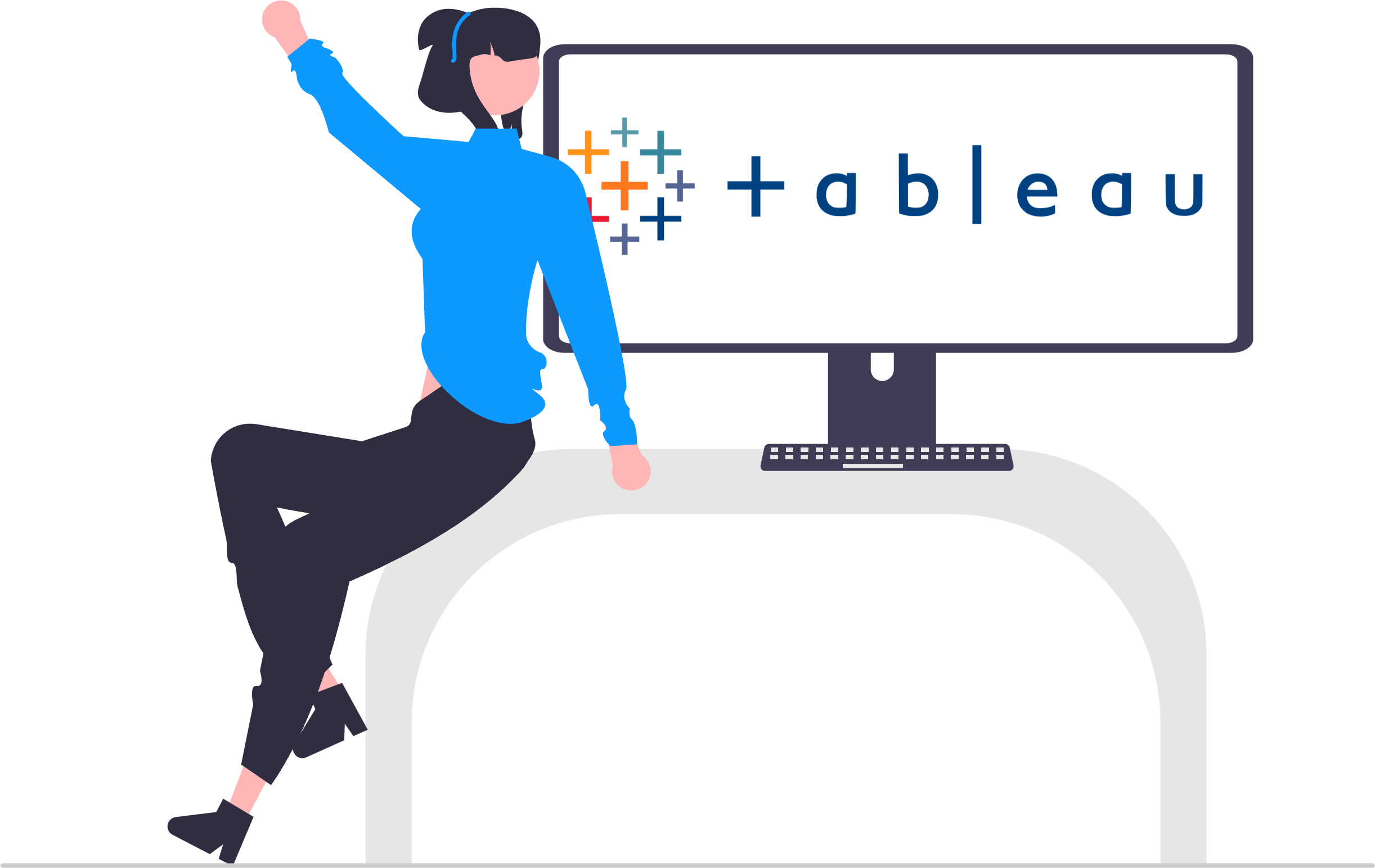 Illustration of a person in a blue sweatshirt and black pants climbing onto a white desk, with a computer monitor displaying the Tableau logo