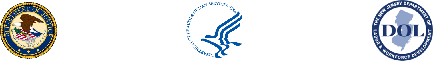 Logos of the U.S. Department of Justice, a bird in a shield, and the New Jersey Department of Labor and Workforce Development.