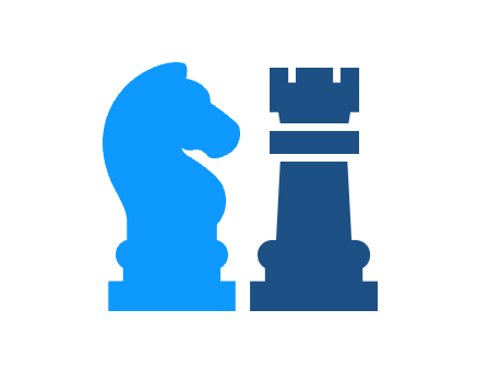 Blue a king chess piece and a blue rook chess piece facing each other.